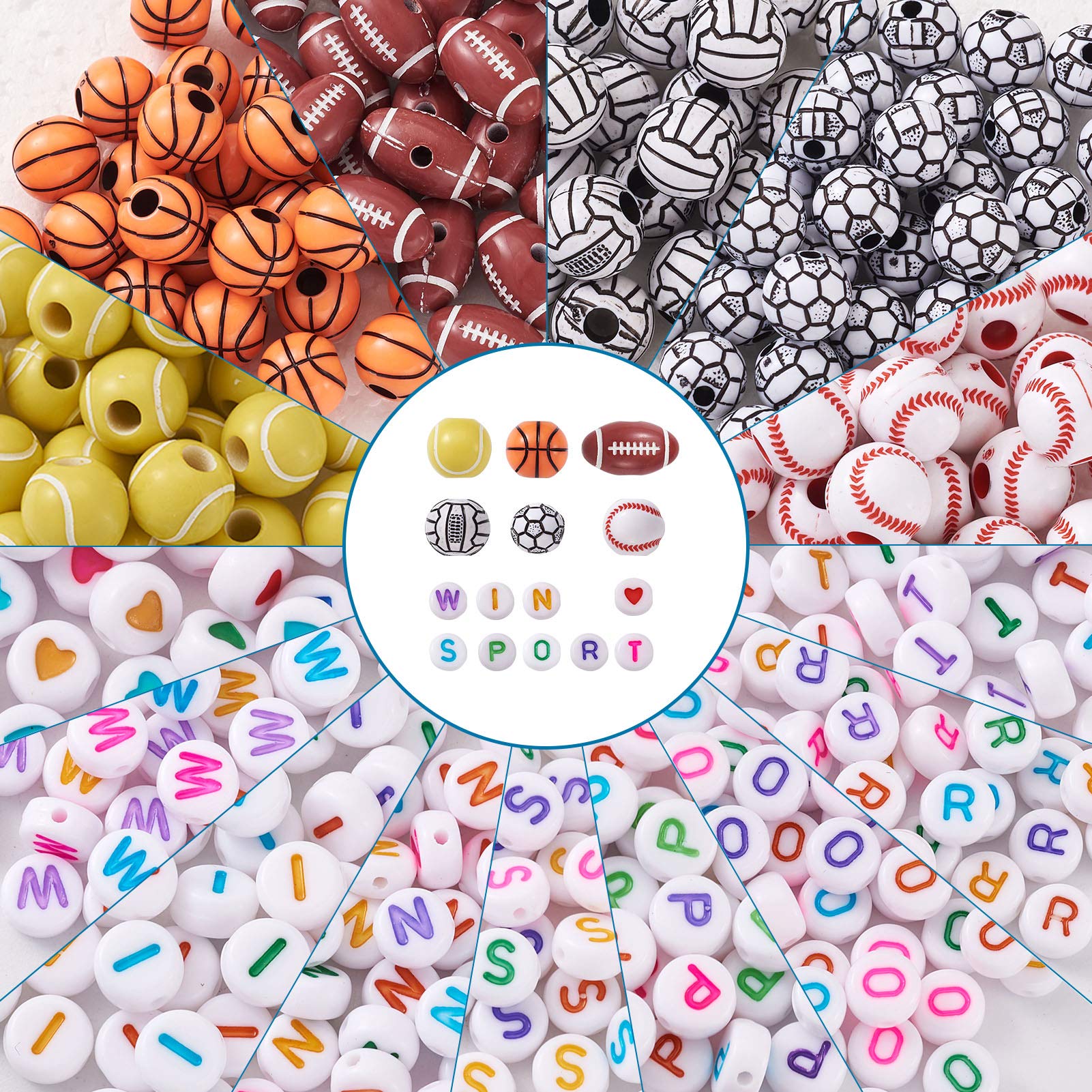630pcs Assorted Sports Acrylic Beads - Flat Round Heart Alphabet Pony Beads for DIY Bracelets, Jewelry Making & Home Crafts | Perfect for Kids' Activities, Party Favors & Friendship Bracelets