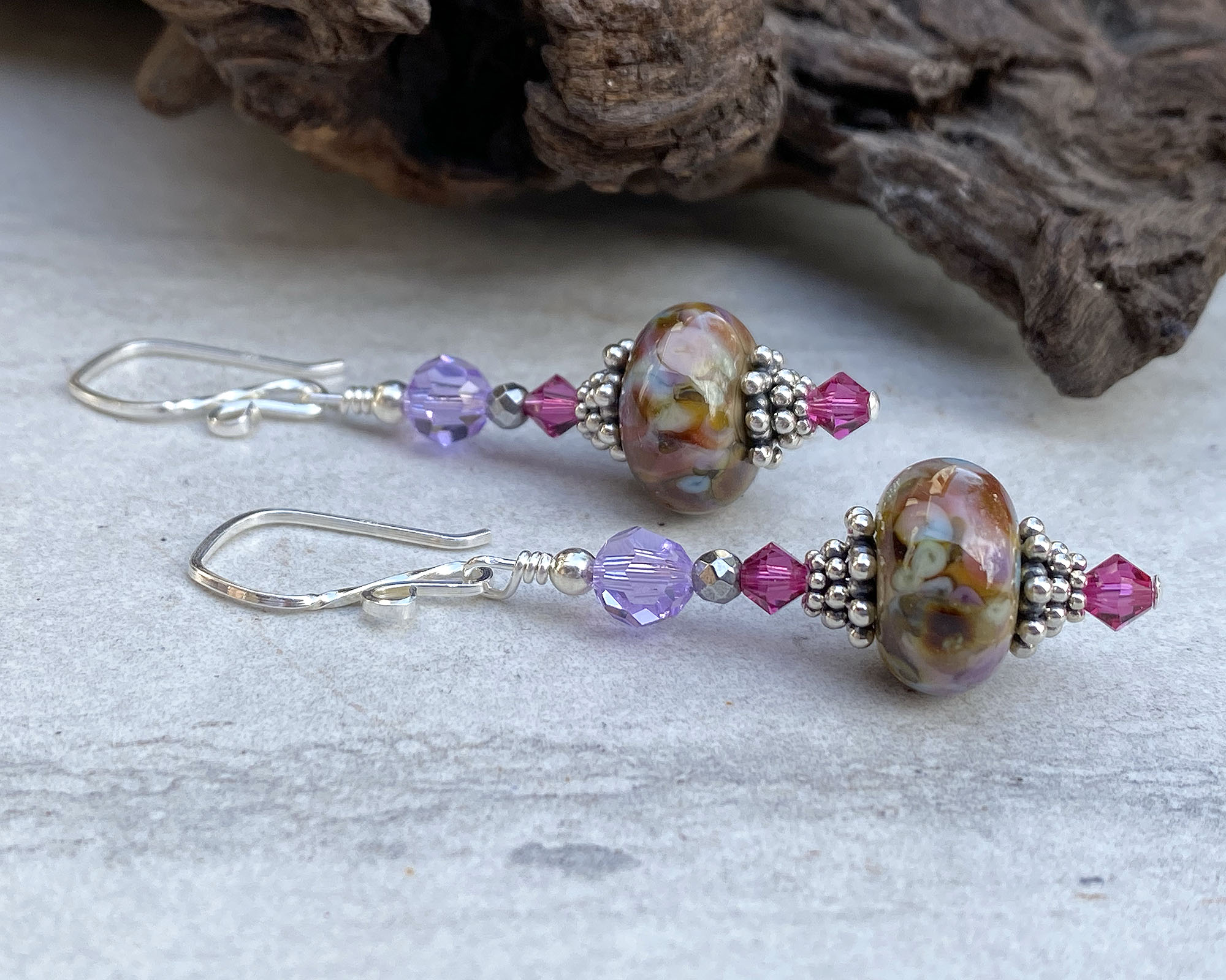 Handmade Violet Pink Mosaic Lampwork Glass Earrings for Women - Bohemian Style Jewelry Gift for Parties, Weddings & Special Occasions