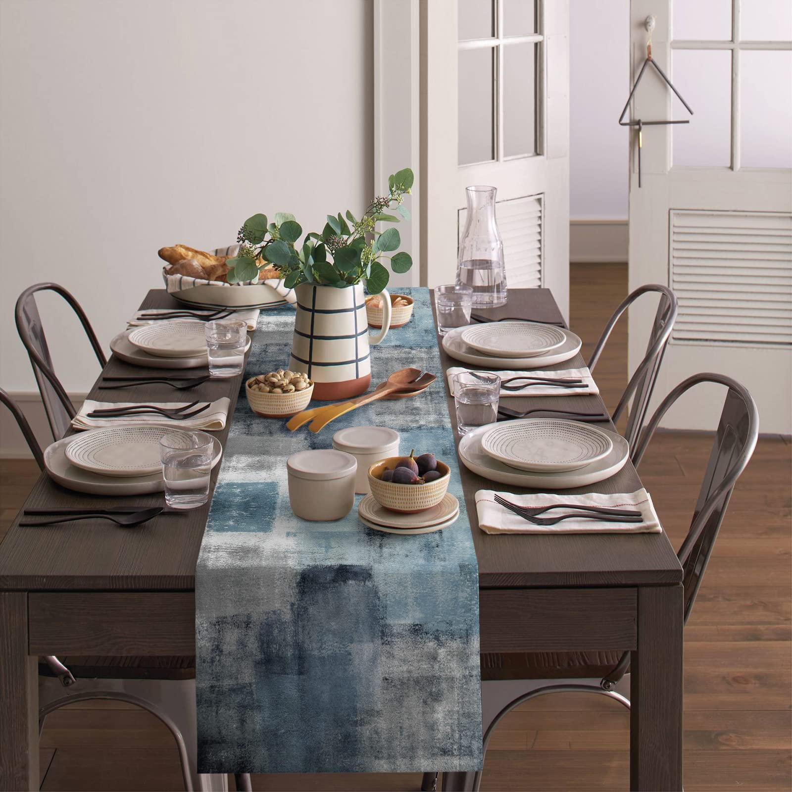 Dusty Blue Table Runner 13x120 Inch - Farmhouse Abstract Art Decor for Thanksgiving Dinner