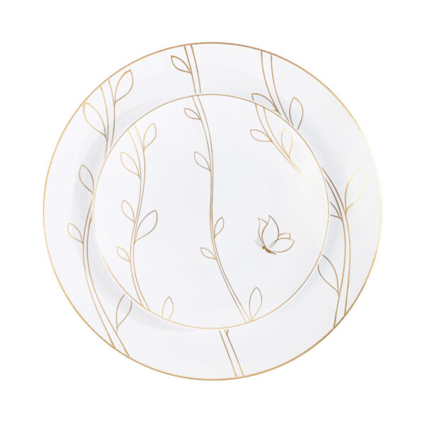 32-Pack White & Gold Round Plastic Dinnerware Set for 16 Guests - Elegant Disposable Plates, Bowls, Cups & Cutlery - Perfect for Weddings, Parties, BBQs & Outdoor Events