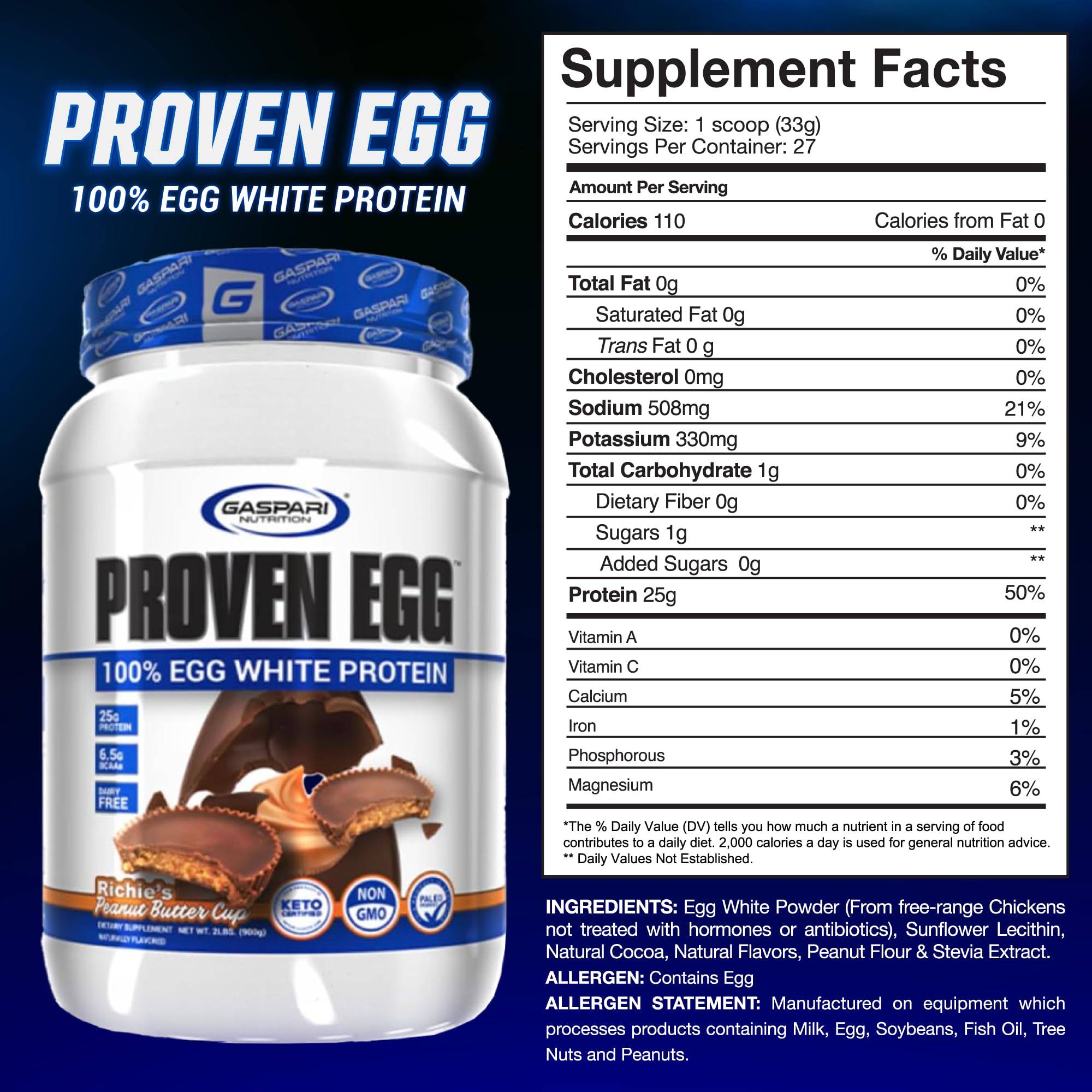 Gaspari Nutrition Proven Egg - 100% Egg White Protein Powder, 25g Protein per Serving, Keto Friendly, Dairy Free, Lactose Free, Soy Free - 2 lbs Peanut Butter Cup Flavor for Post-Workout Recovery & Baking