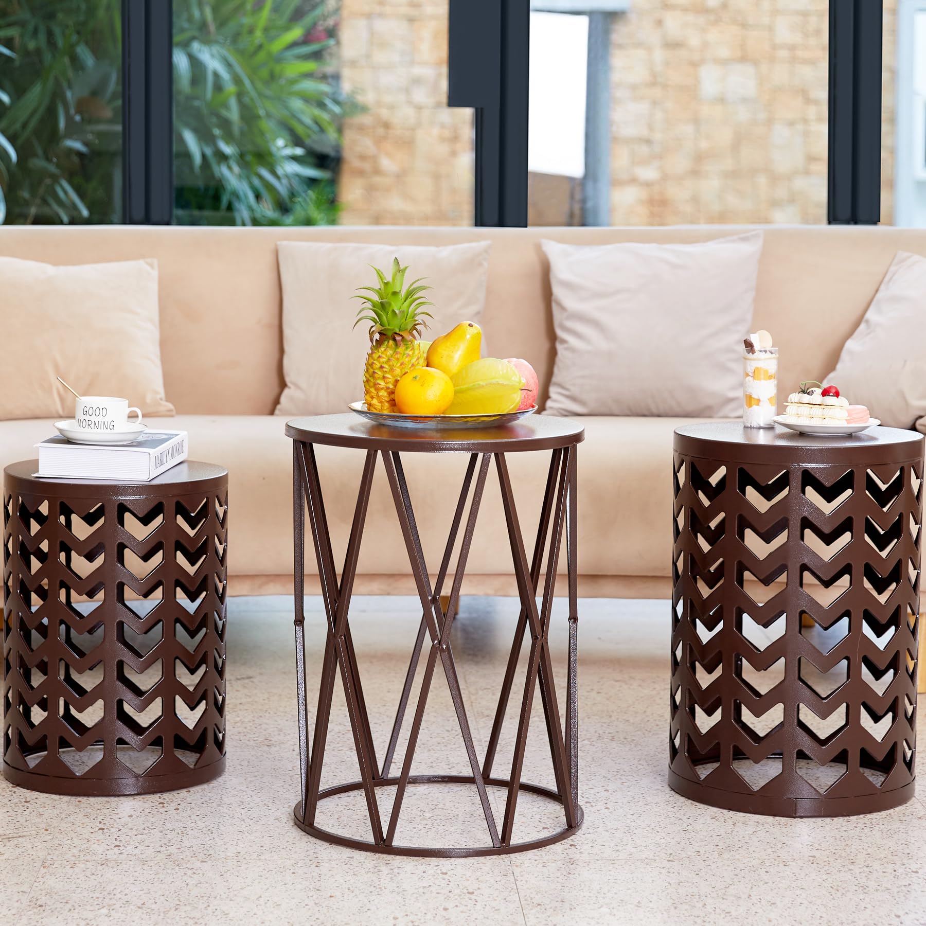 HFHOME Round Nesting Coffee Tables Set of 3 - Heavy Duty Metal Stacking End Tables for Living Room, Balcony, Office - Brown Indoor Side Tables for Home Decor | Perfect for Small Spaces, Coffee Time & Modern Interior Design
