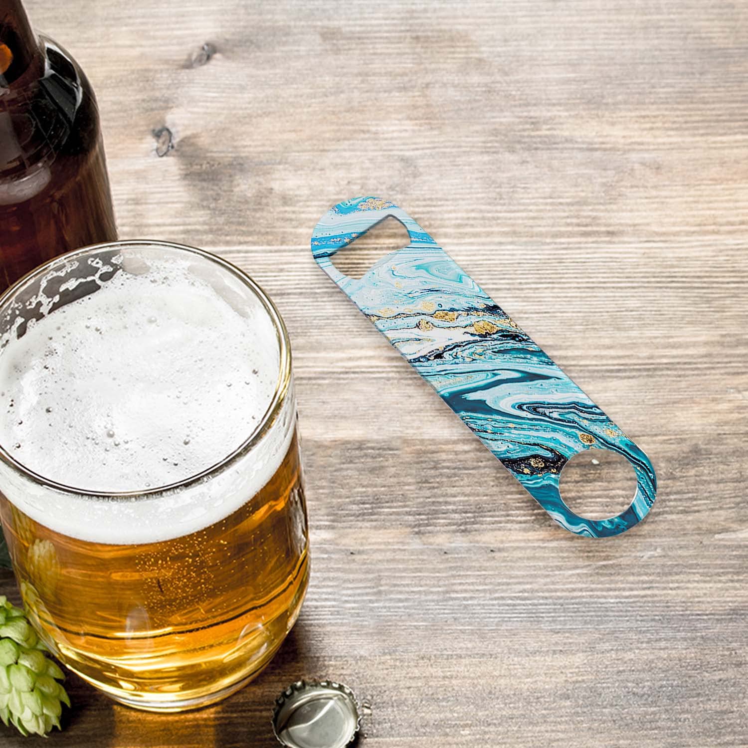 Heavy Duty Stainless Steel Flat Bottle Opener - 7 Inch Professional Bartender Tool with Blue Marble Design - Perfect for Bars, Parties, Camping & Home Use