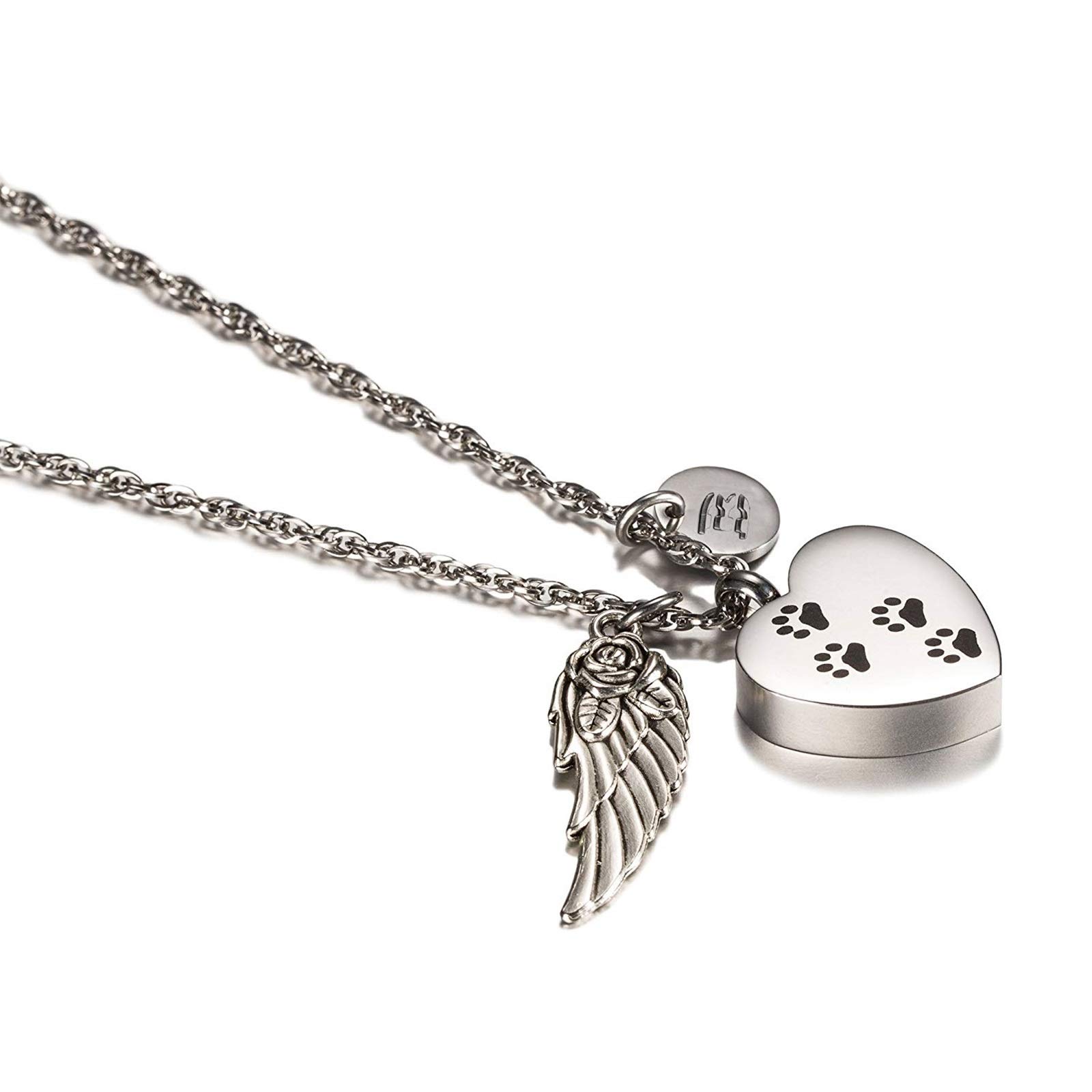 Stainless Steel Memorial Necklace - Heart Urn Pendant with Dog Paw, Angel Wing & 26 Letter Charms | Pet Ashes Keepsake Jewelry | Free Engraving | Gift for Pet Loss, Remembrance & Healing