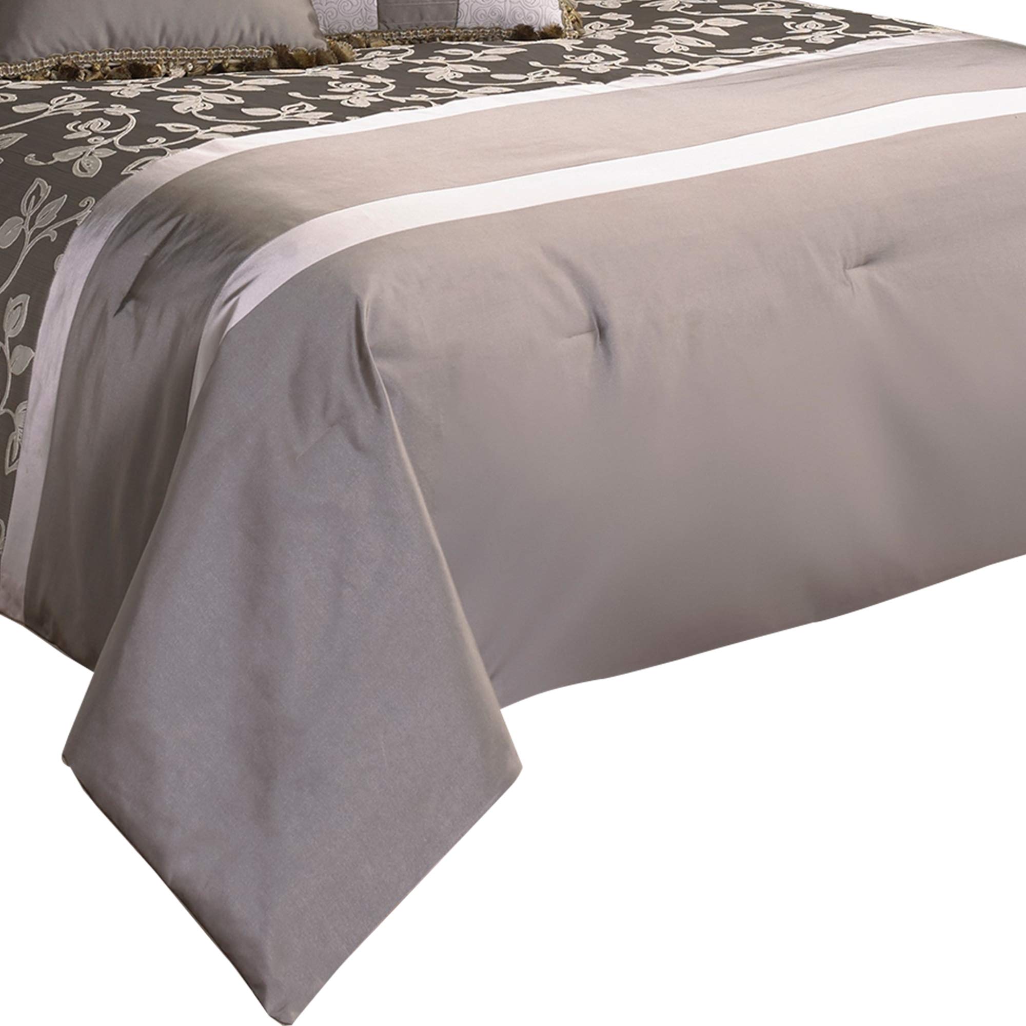 Benjara 10-Piece King Size Comforter Set - Soft Polyester Bedding with Elegant Leaf Pattern in Gray - Perfect for Master Bedroom, Guest Room & Cozy Home Decor