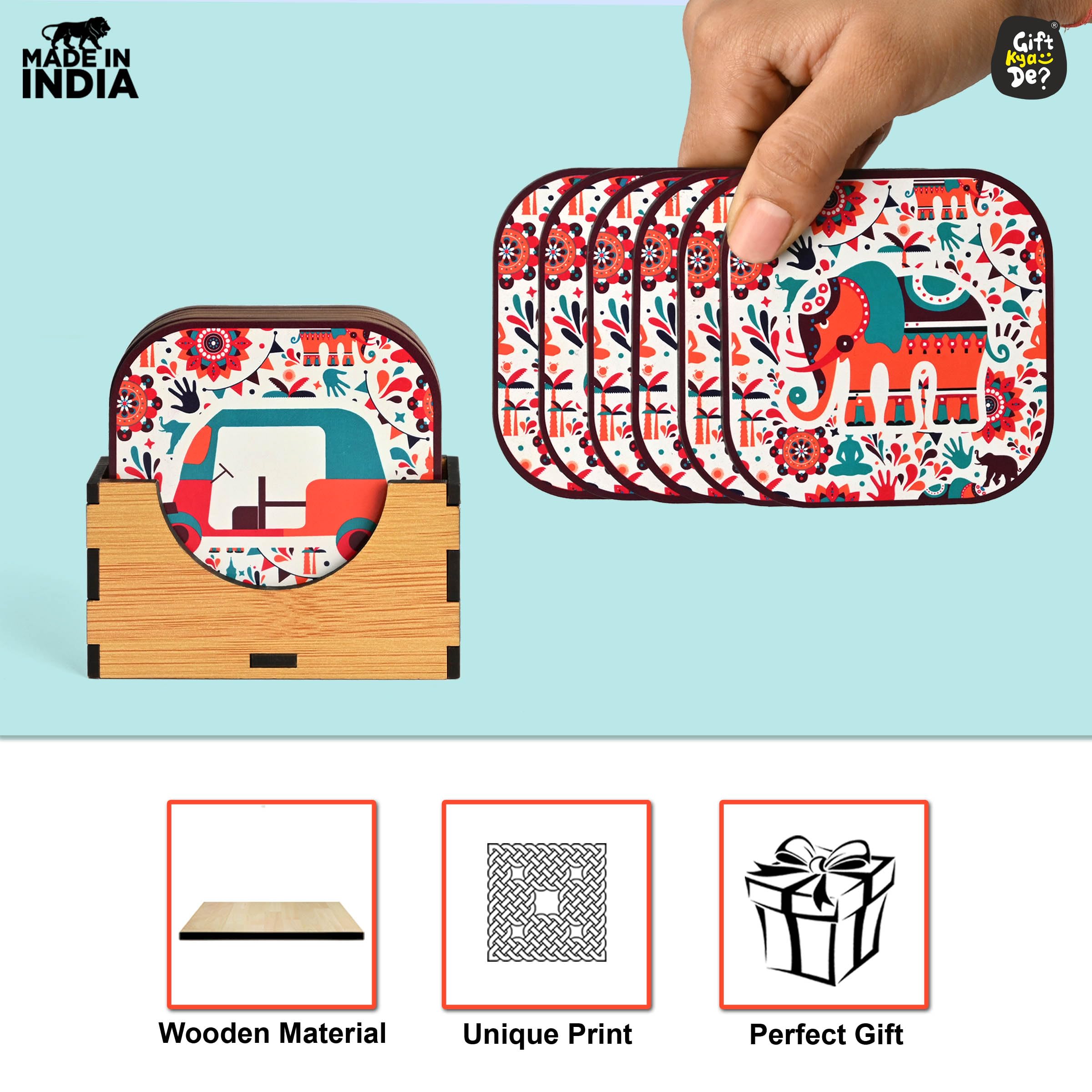 GKD Set of 6 Vibrant India-Themed Wooden Coasters - 3.8x3.8 Inch Square Eco-Friendly Drink Coasters for Tea Cups, Coffee Mugs & Glasses - Perfect for Home, Office & Restaurant Use