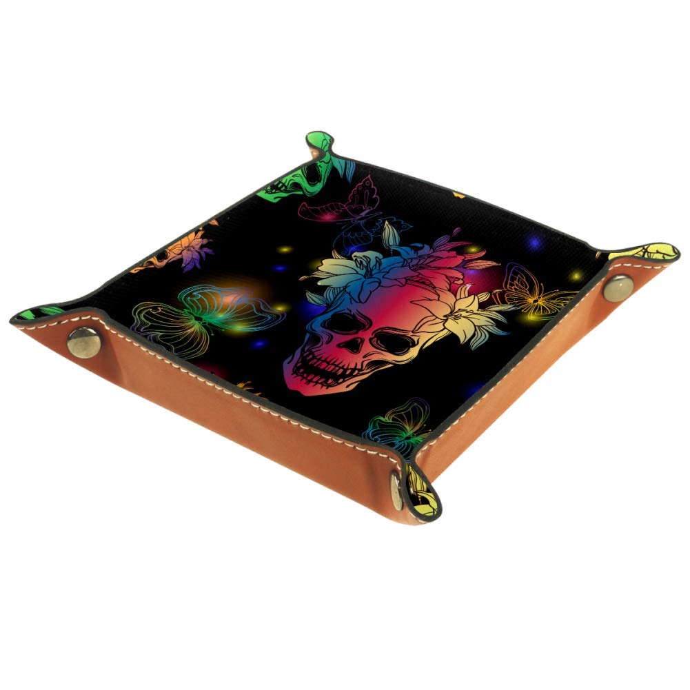 AISSO Leather Jewelry Tray Organizer - Boho Chic Valet Tray with Rainbow, Butterflies, Skulls & Lily Flowers Design for Watches, Keys, Wallets, Coins & Phones | Perfect for Bedroom, Office & Travel Accessory Storage