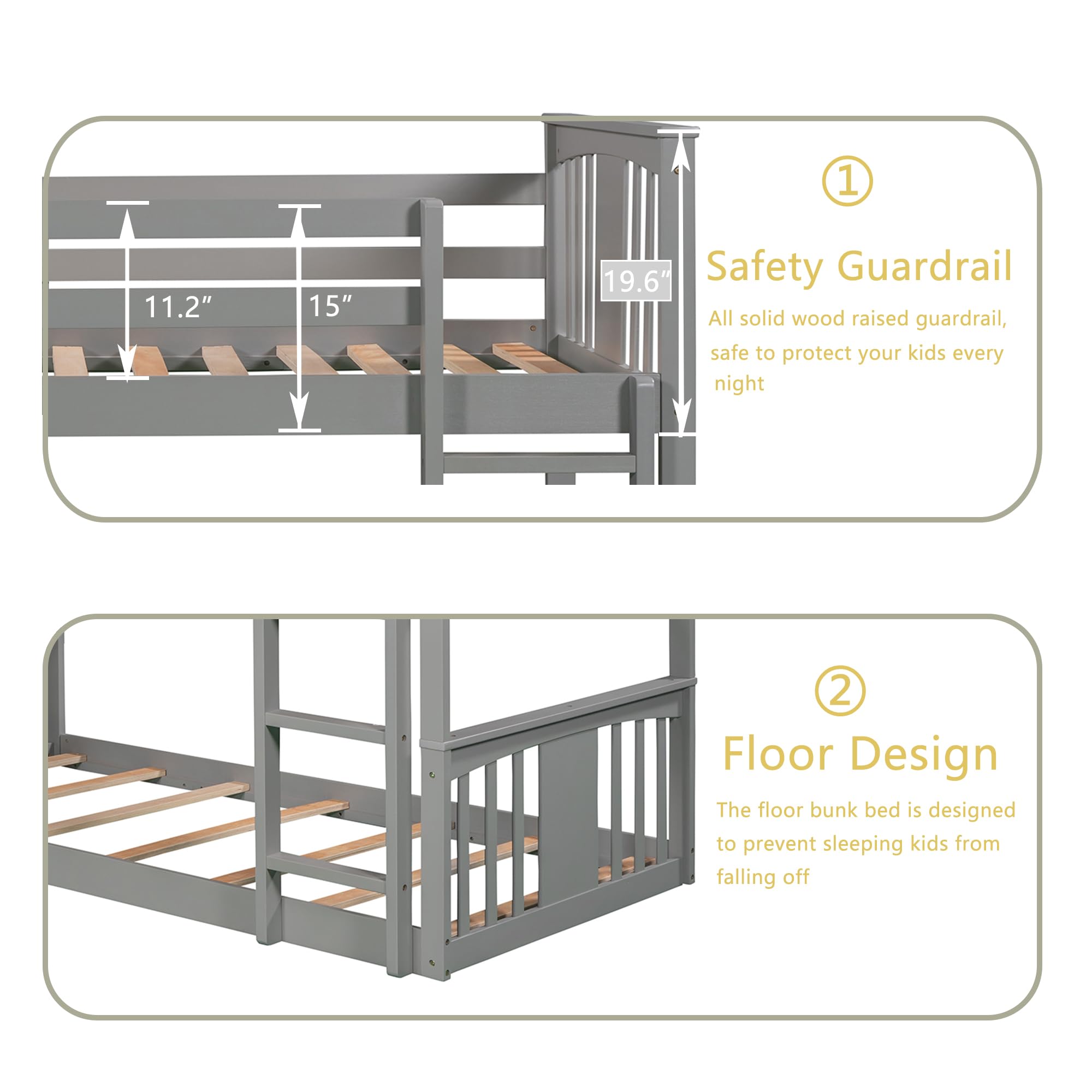 Montessori Twin Over Twin Bunk Bed with Slide & Ladder - Low Profile Kids Bunk Bed with Safety Guardrail, Headboard & Footboard - Gray Bunk Bed for Boys & Girls - Perfect for Small Bedrooms, Playrooms & Montessori Learning Spaces