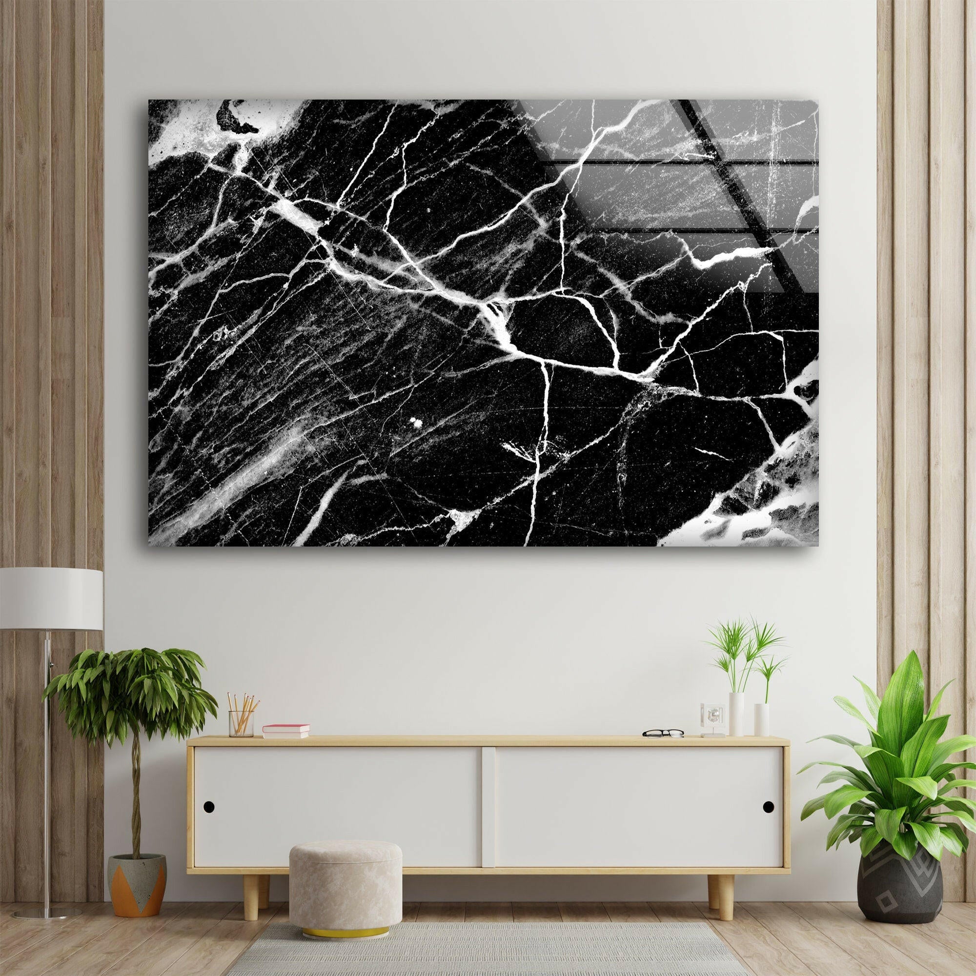 Modern Black and White Marble Abstract Glass Wall Art - Elegant Home Decor for Living Room, Bedroom & Office