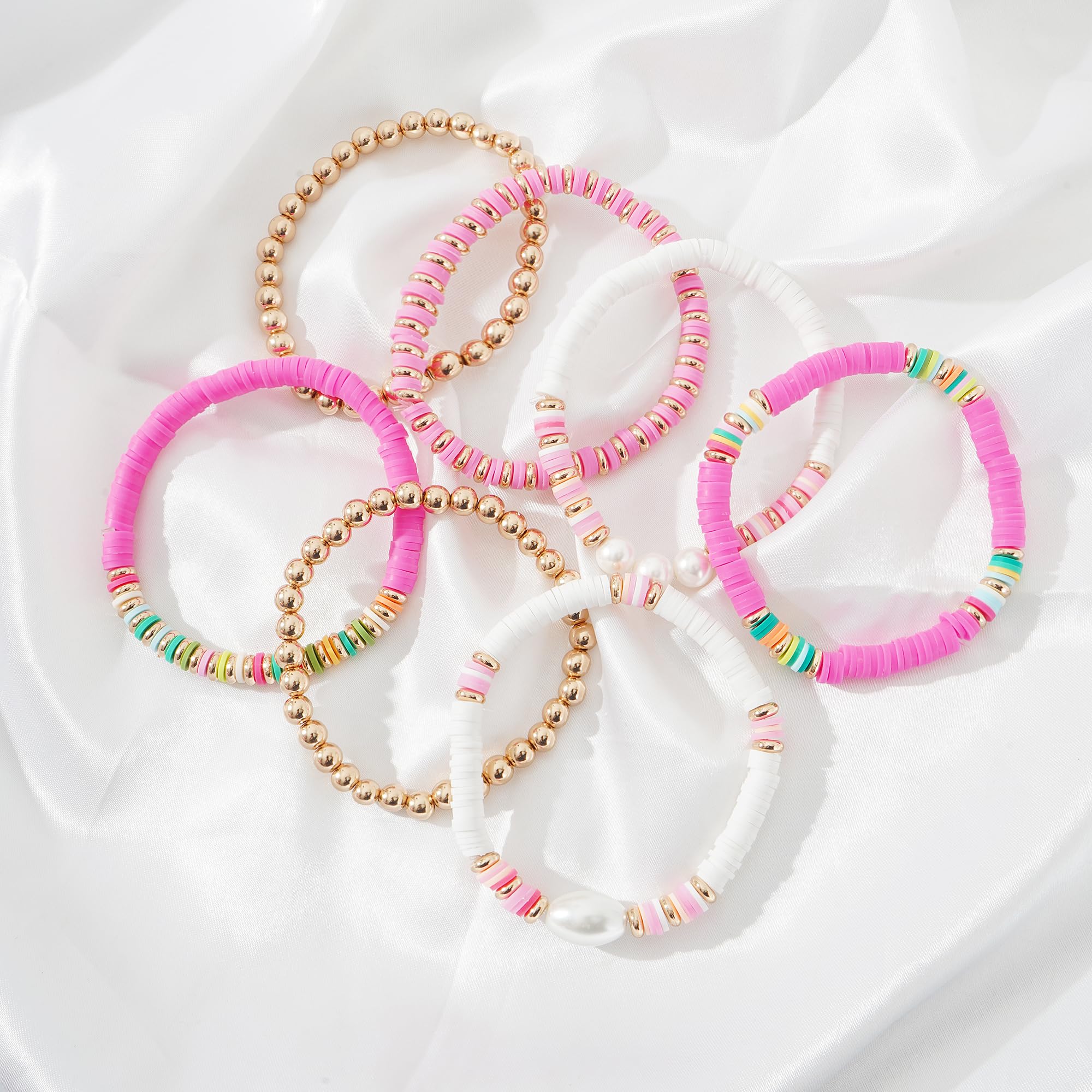 Stackable Gold Polymer Bead Stretch Bracelet Set for Women - Summer Surfer Heishi Layering Jewelry - Perfect for Beach Vacations, Boho Fashion & Everyday Wear