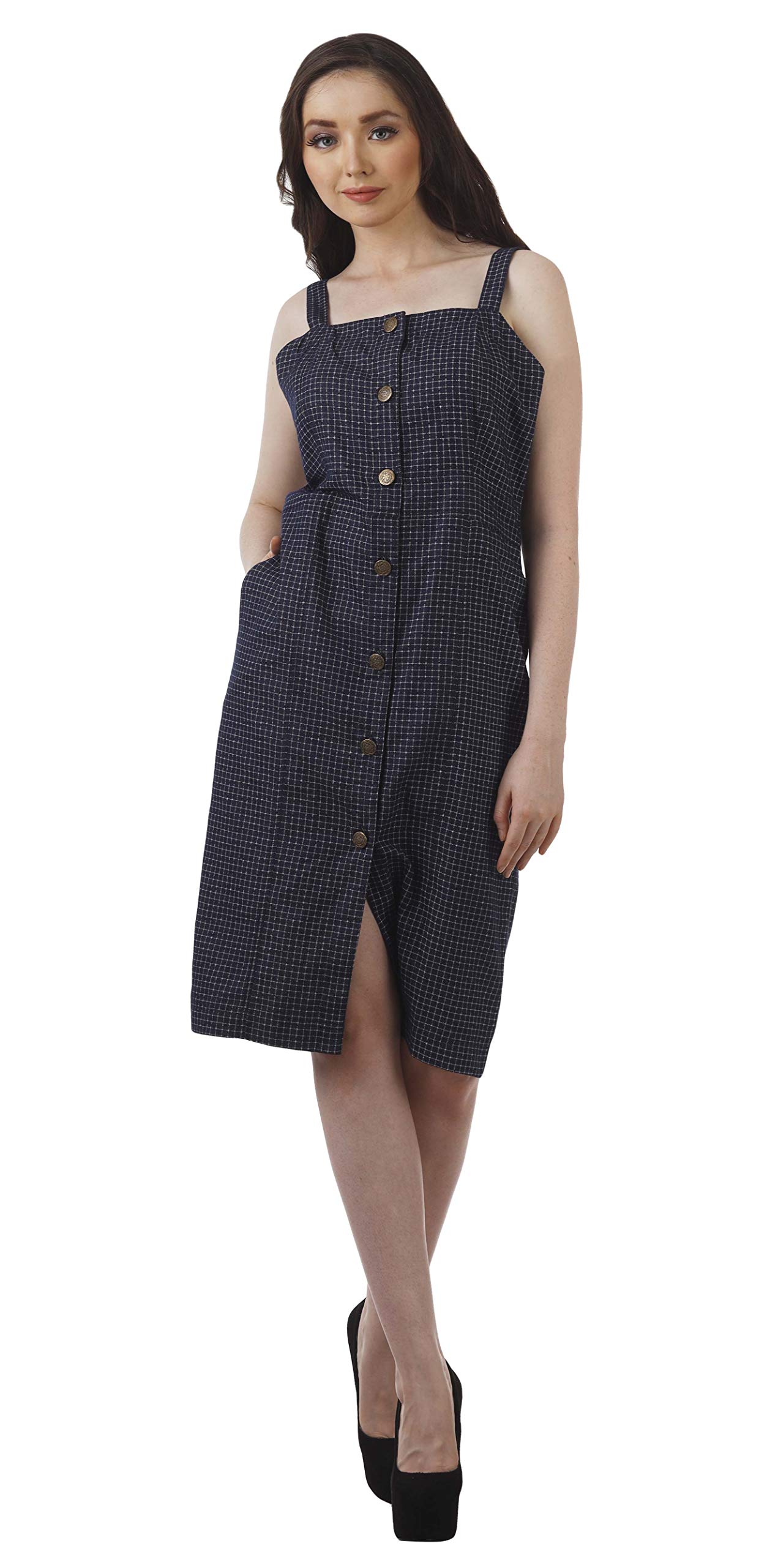 Bimba Women's Chambray Pinafore Button Down Dress - Knee Length Casual Short Dress for Everyday Wear, Office & Date Night Outfits