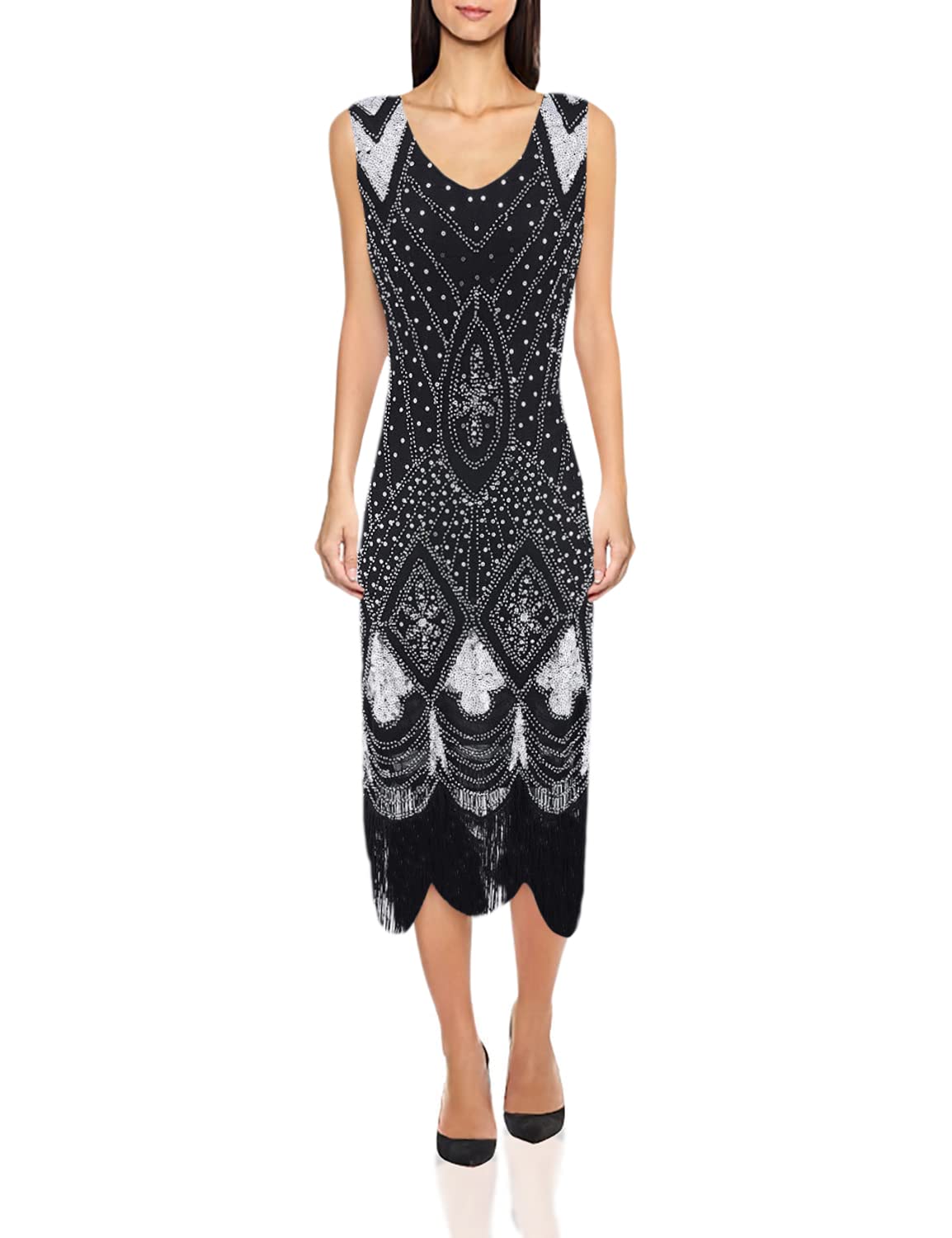 Vintage 1920s Flapper Dress for Women - Beaded Fringe Sequin Lace Cocktail Party Dress | Roaring 20s Gatsby Prom Dress for Costume Parties, Halloween & Themed Events