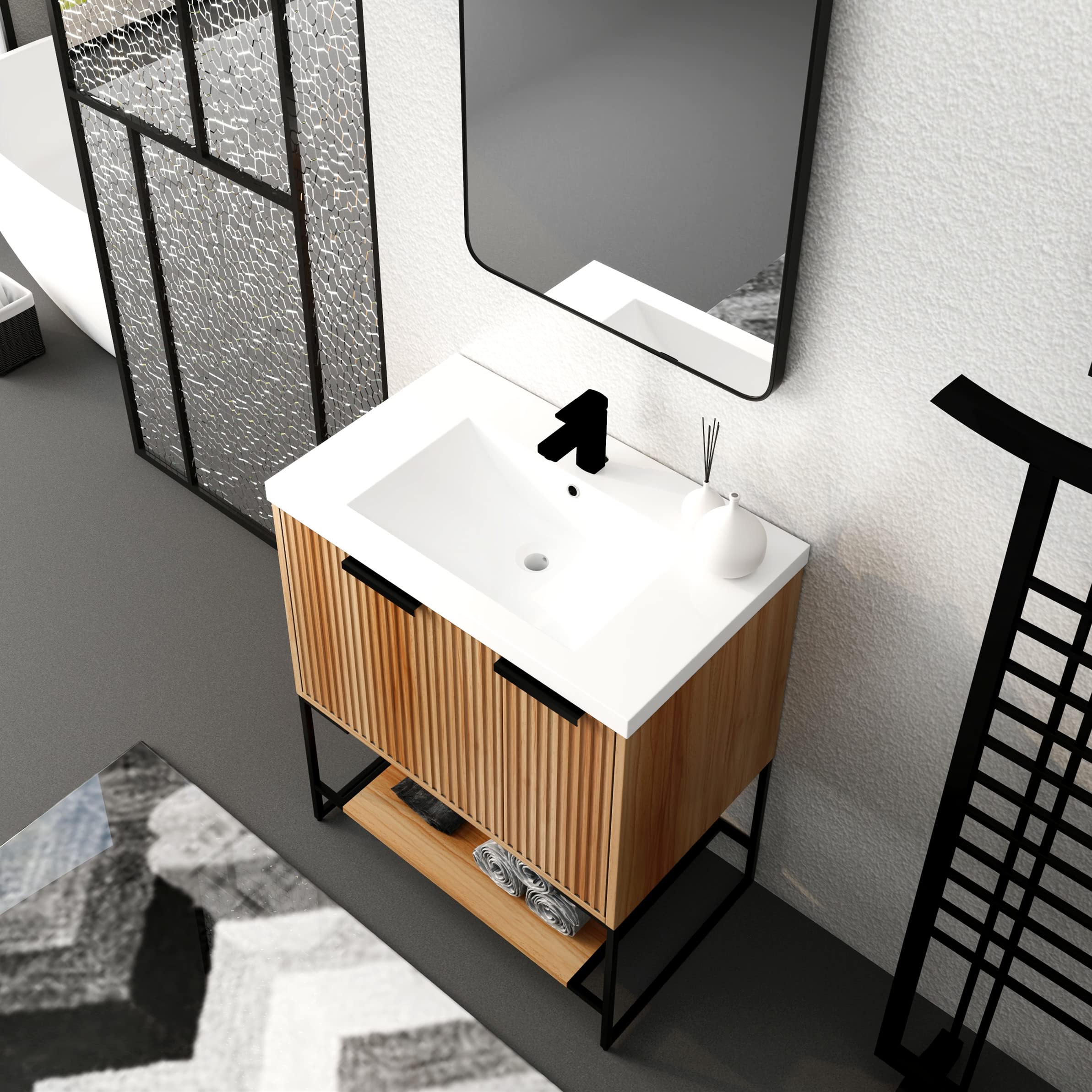 Yoluckea 30-Inch Modern Maple Wood Bathroom Vanity Set with Resin Sink Basin - Freestanding Small Bathroom Cabinet with Drawer, Door & Storage Shelf - Perfect for Compact Spaces, Powder Rooms & Apartment Bathrooms