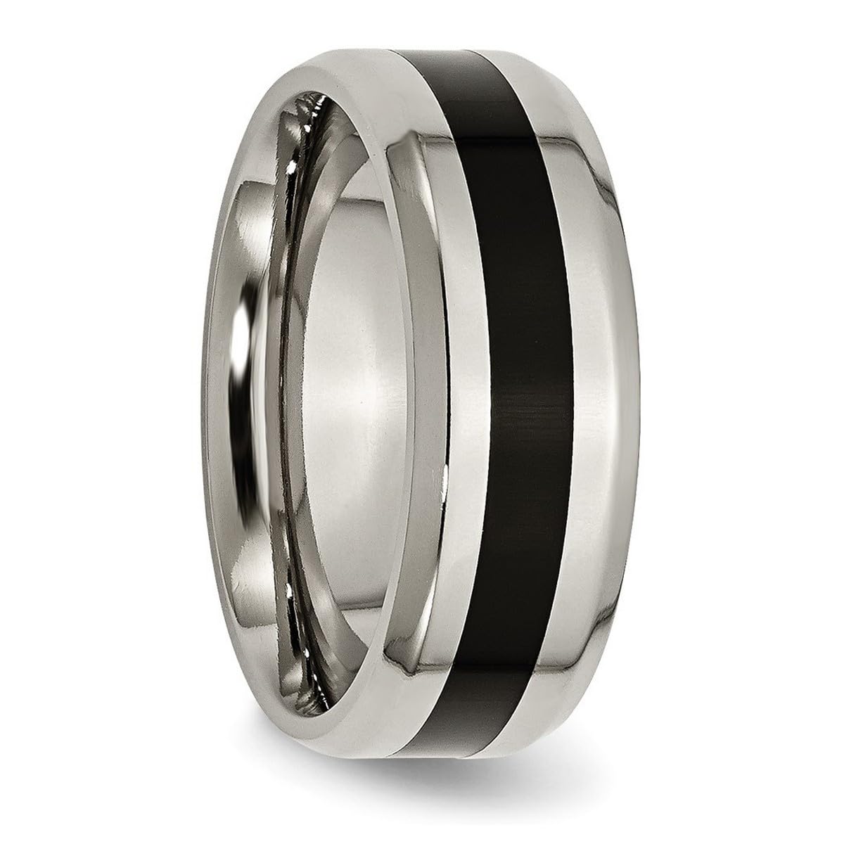 Titanium Beveled Edge Black Enameled 8mm Polished Band Ring for Women & Men - Durable Wedding Band, Anniversary Gift, Everyday Fashion Jewelry