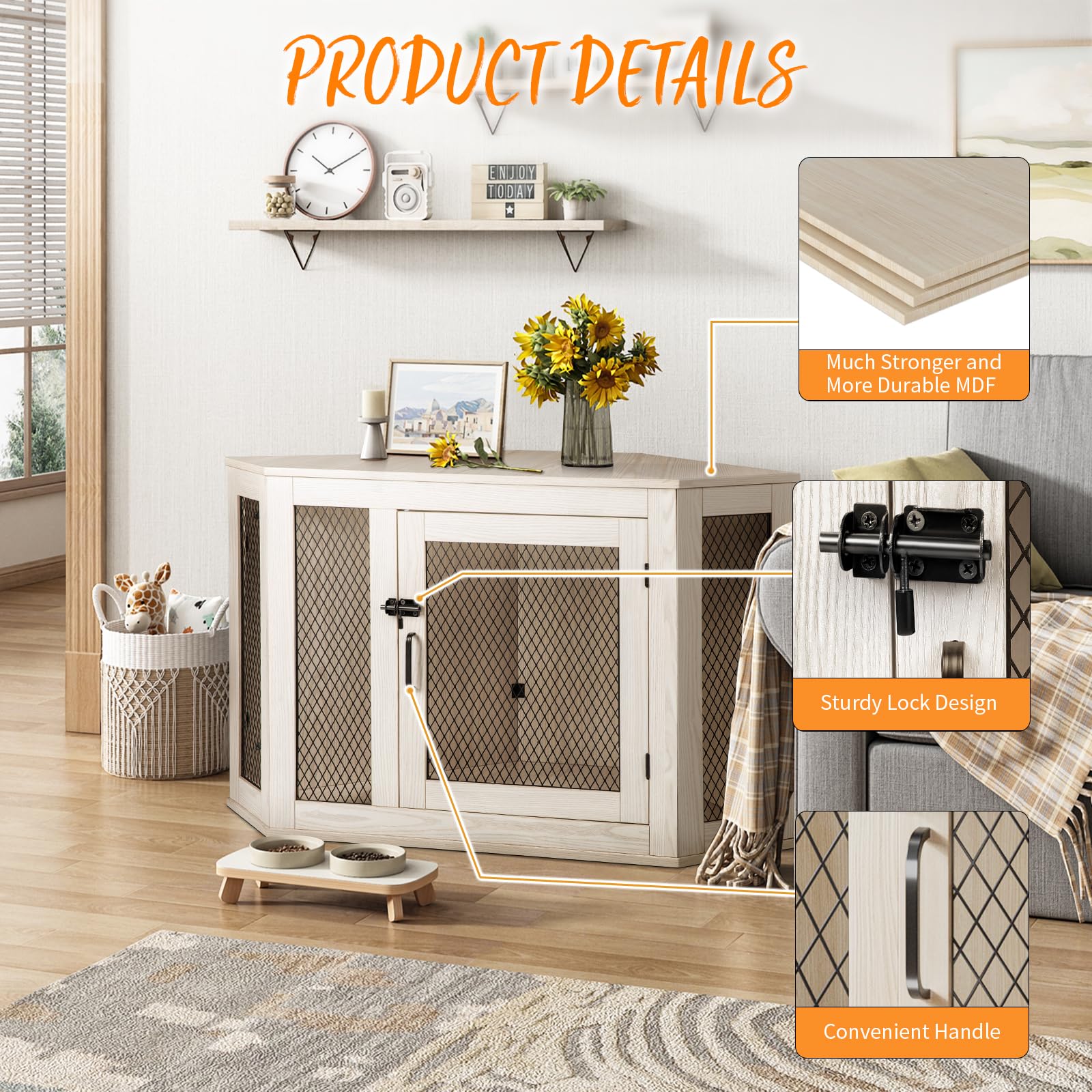 PUKAMI 44/52 Inch Wooden Dog Crate Furniture with Mesh - Decorative Dog Kennel for Small Medium Large Dogs - Indoor Pet House for Living Room Bedroom Office Space Saving Design