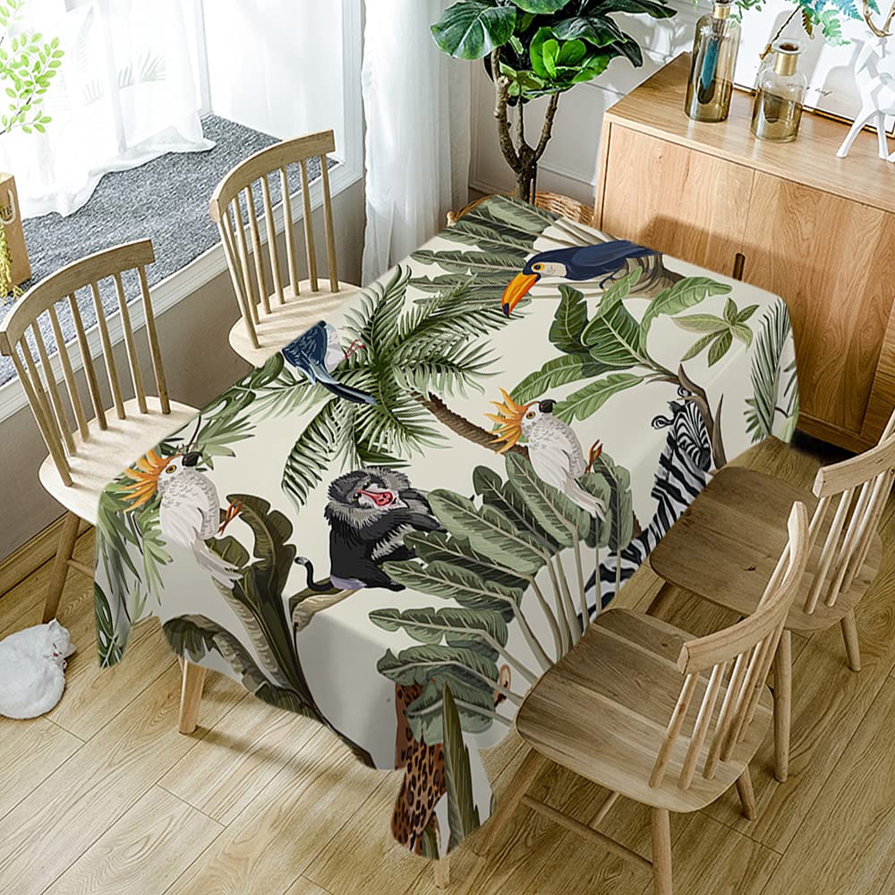 Exotic Animal Print Tablecloth - Monkey, Parrot, Toucan, Zebra & Leopard Design - 60x90 Inch Waterproof, Stain Resistant & Washable Rectangle Table Cover - Perfect for Jungle Theme Parties, Outdoor Picnics & Kids Birthday Decorations