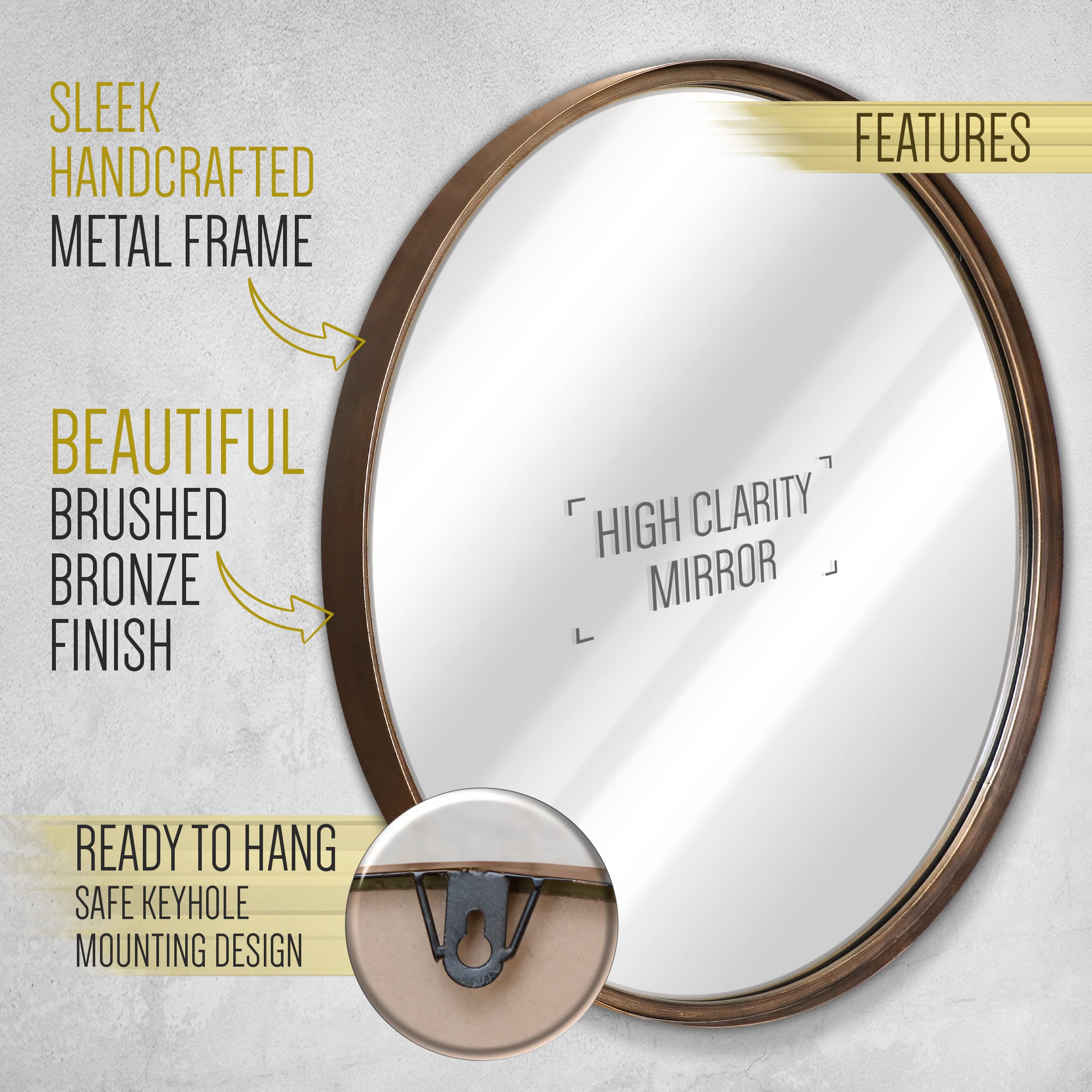 HBCY Creations 27.5 Inch Round Wall Mirror - Brushed Bronze Metal Frame, Handcrafted Oil Rubbed Finish, Decorative Hanging Mirror for Rustic, Boho & Farmhouse Decor - Perfect for Living Room, Bedroom, Entryway & Bathroom