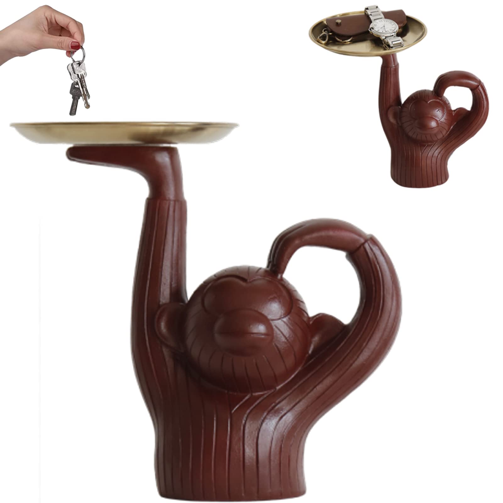 Stylish Jewelry Ring Storage Tray & Resin Monkey Cookie Jar Candy Dish - Multifunctional Home Organizer for Phone, Keys, Office Desk - Perfect for Gift Giving & Home Decor (Crimson)