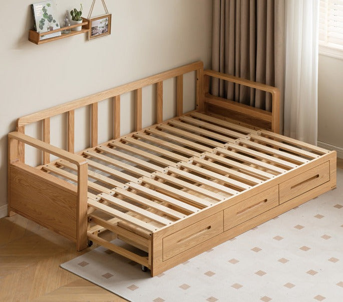 Oak Solid Wood Folding Storage Sofa Bed - Convertible Guest Bed & Space-Saving Furniture for Small Apartments, Living Rooms & Dorm Rooms