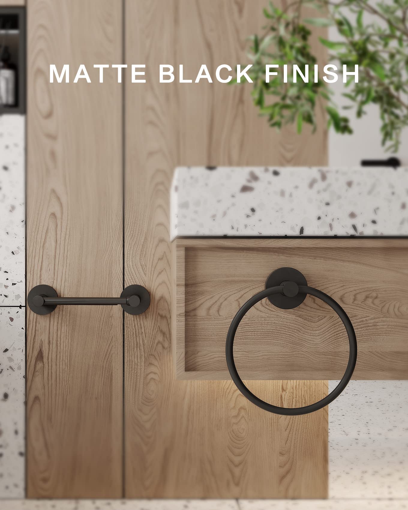 Fixsen 2-Piece Matte Black Bathroom Hardware Set - Stainless Steel & Zinc Alloy Wall Mounted Towel Ring & Toilet Paper Holder - Perfect for Modern Bathrooms, Powder Rooms & Guest Bath Decor