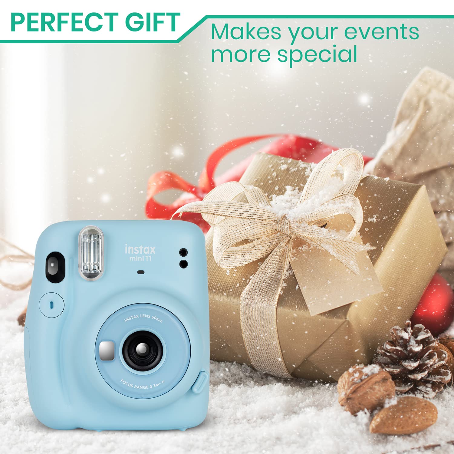 Fujifilm Instax Mini 11 Instant Camera Bundle with 60 Sheets Mini Film, Carrying Case, Selfie Lens, Photo Album & Stickers (Ice White) - Perfect for Travel, Parties, Weddings & DIY Scrapbooking