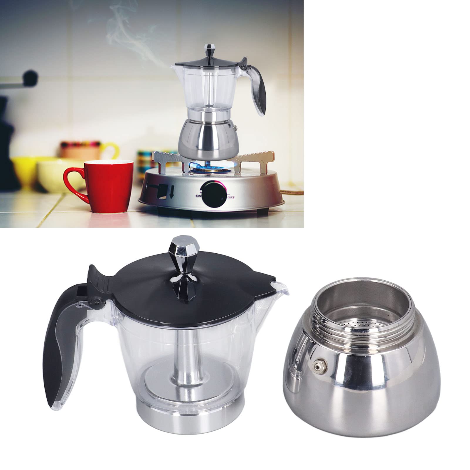6 Cup Stovetop Espresso Maker - Stainless Steel Moka Pot with Clear ABS Top for Rich Coffee - Perfect for Home, Office & Camping Use