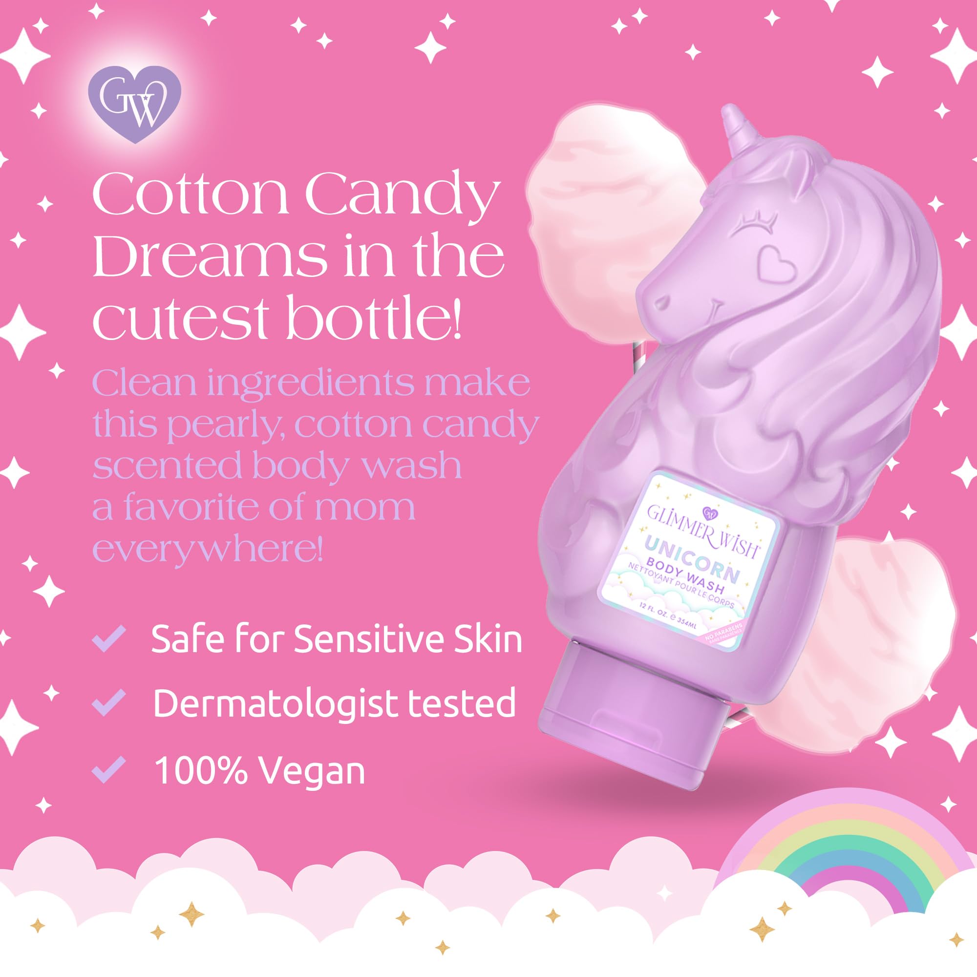 Glimmer Wish Unicorn Kids Body Wash - Sulfate-Free Gentle Cleanser & Moisturizing Shower Gel for Children | Vanilla Cotton Candy Scent | 12 Fl Oz | Perfect for Sensitive Skin & Daily Bath Time Fun