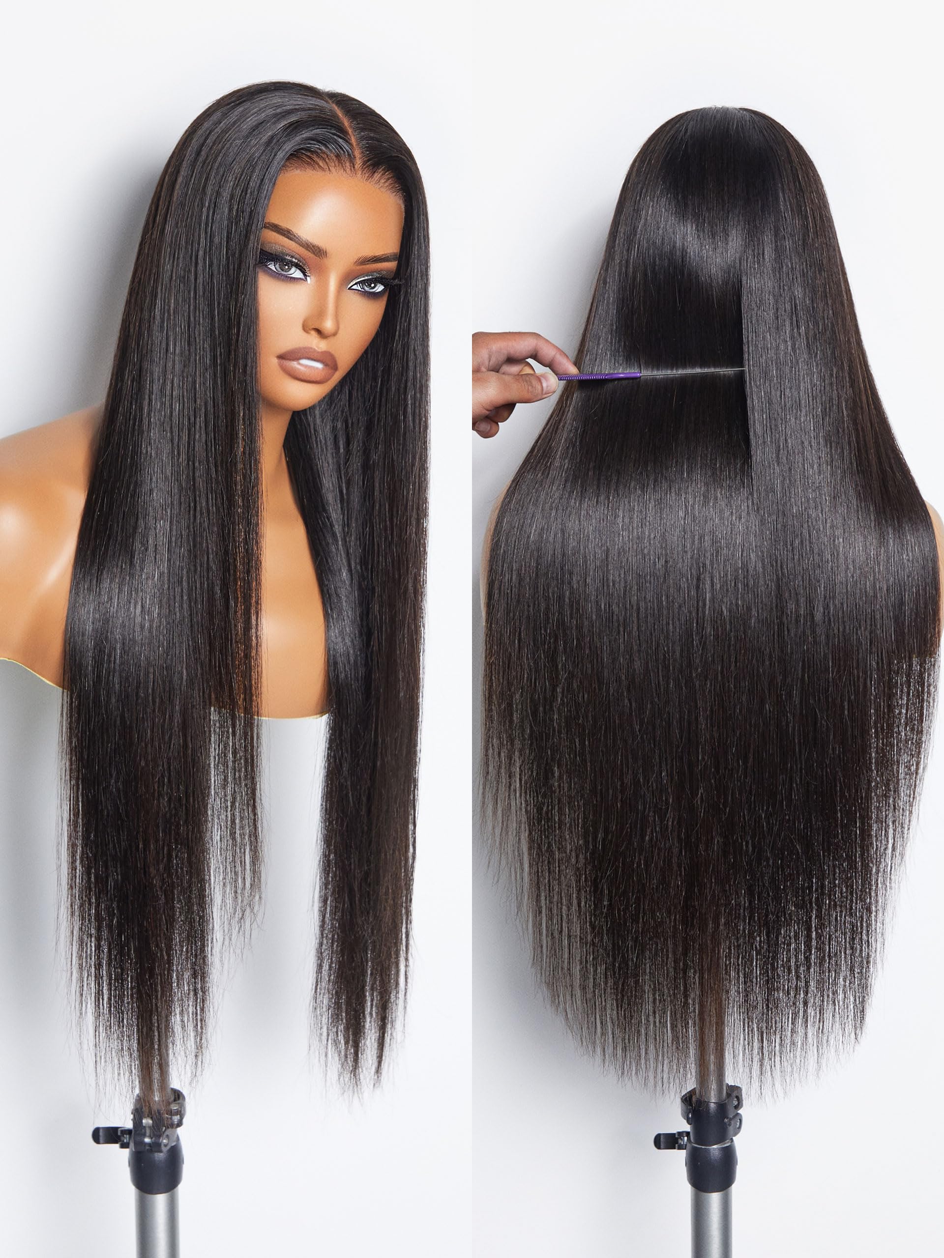 LUVME HAIR 14 Inch Straight HD Lace Front Wig - Human Hair Pre Cut Lace Frontal Glueless Wig with Pre Plucked Hairline - Long Straight Black Wig for Everyday Wear, Parties & Special Occasions
