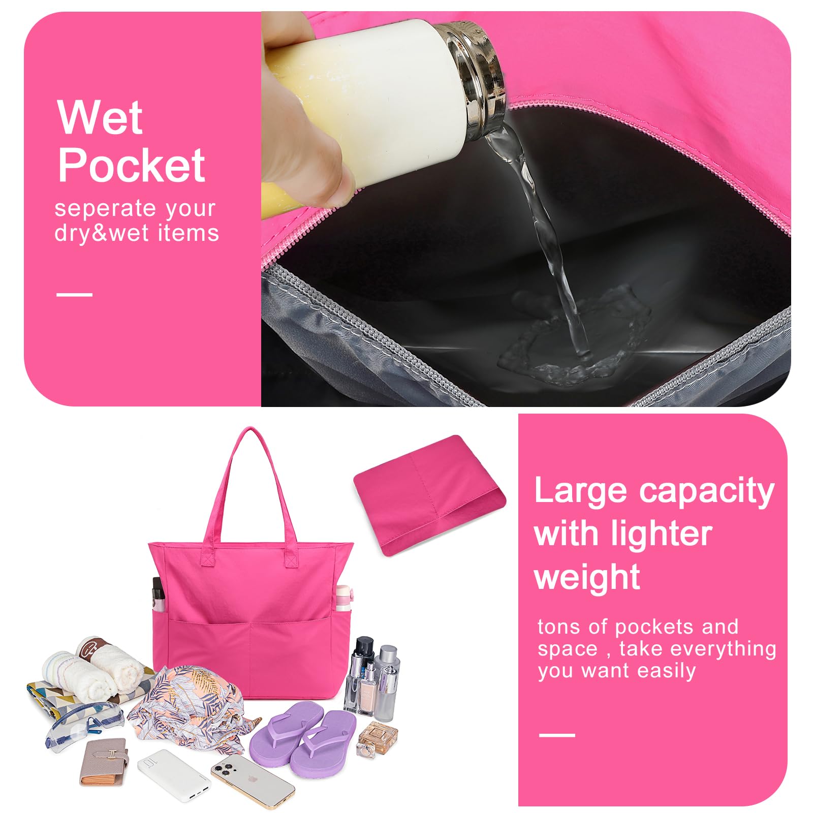 Waterproof Large Beach Tote Bag for Women - Gym, Pool & Travel Carry On Bag with Wet Compartment - Perfect for Swimming, Vacation & Weekender Trips