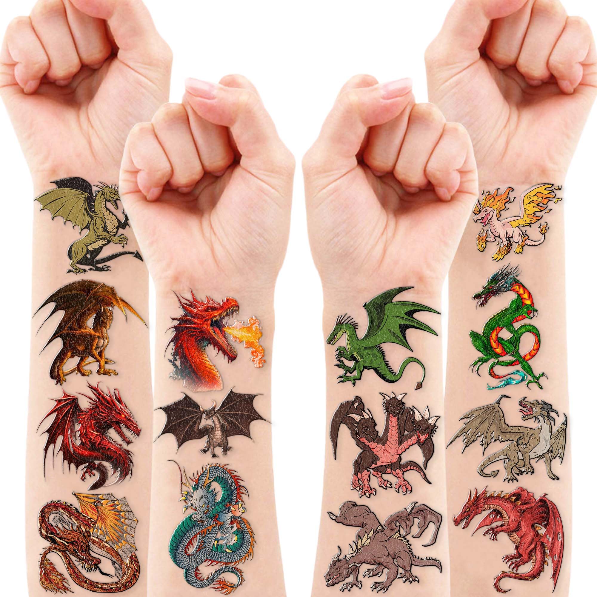 Dragon Temporary Tattoos 96PCS - Fake Body Art Stickers for Kids, Boys & Girls - Perfect for Birthday Parties, Halloween Costumes, Classroom Rewards & Knight Themed Decorations - Cute Dragon Design Favors & Gifts for School Events