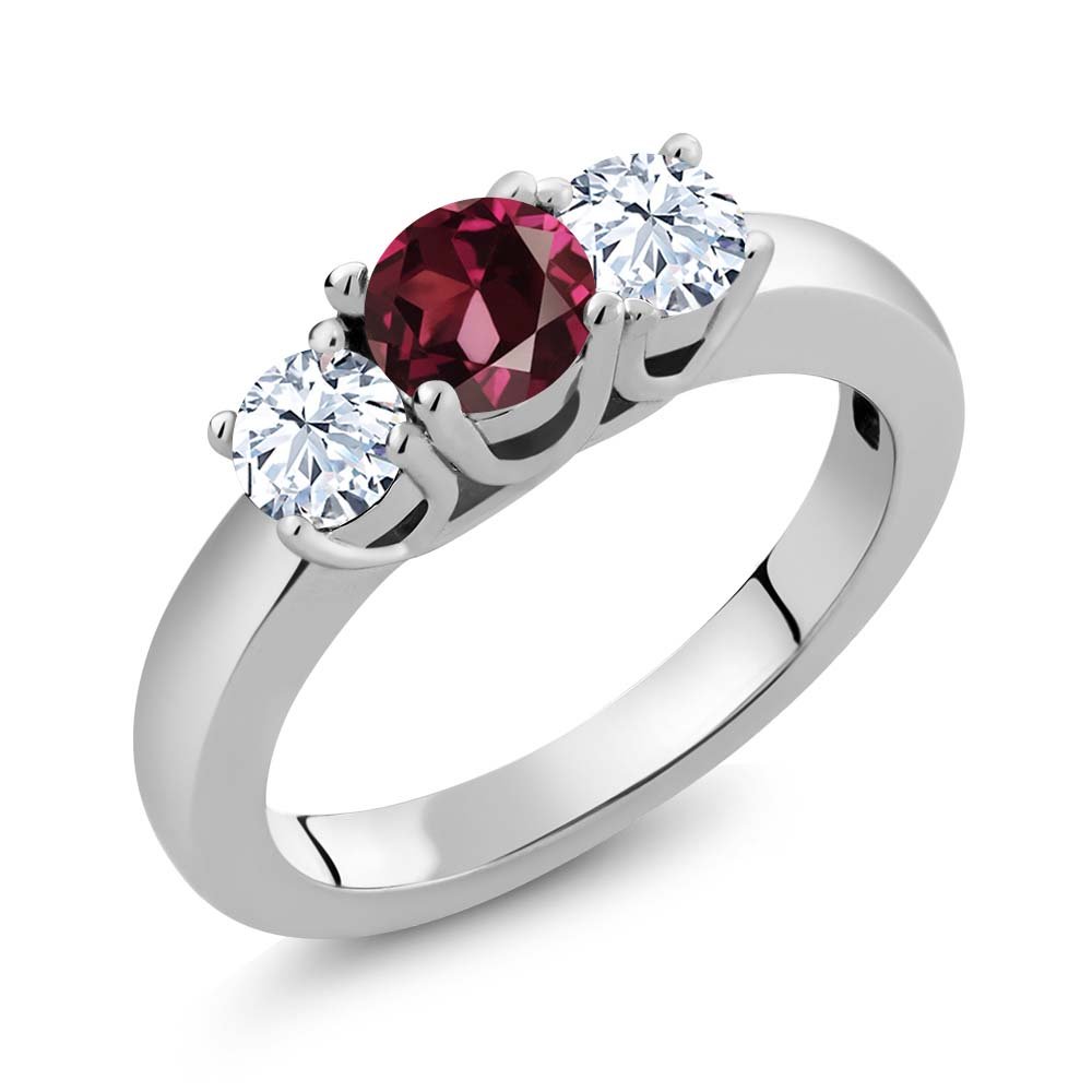 Gem Stone King 925 Sterling Silver Wedding Ring - 1.26 Ct Round Red Rhodolite Garnet & White Topaz Bridal Jewelry for Engagement, Anniversary & Special Occasions