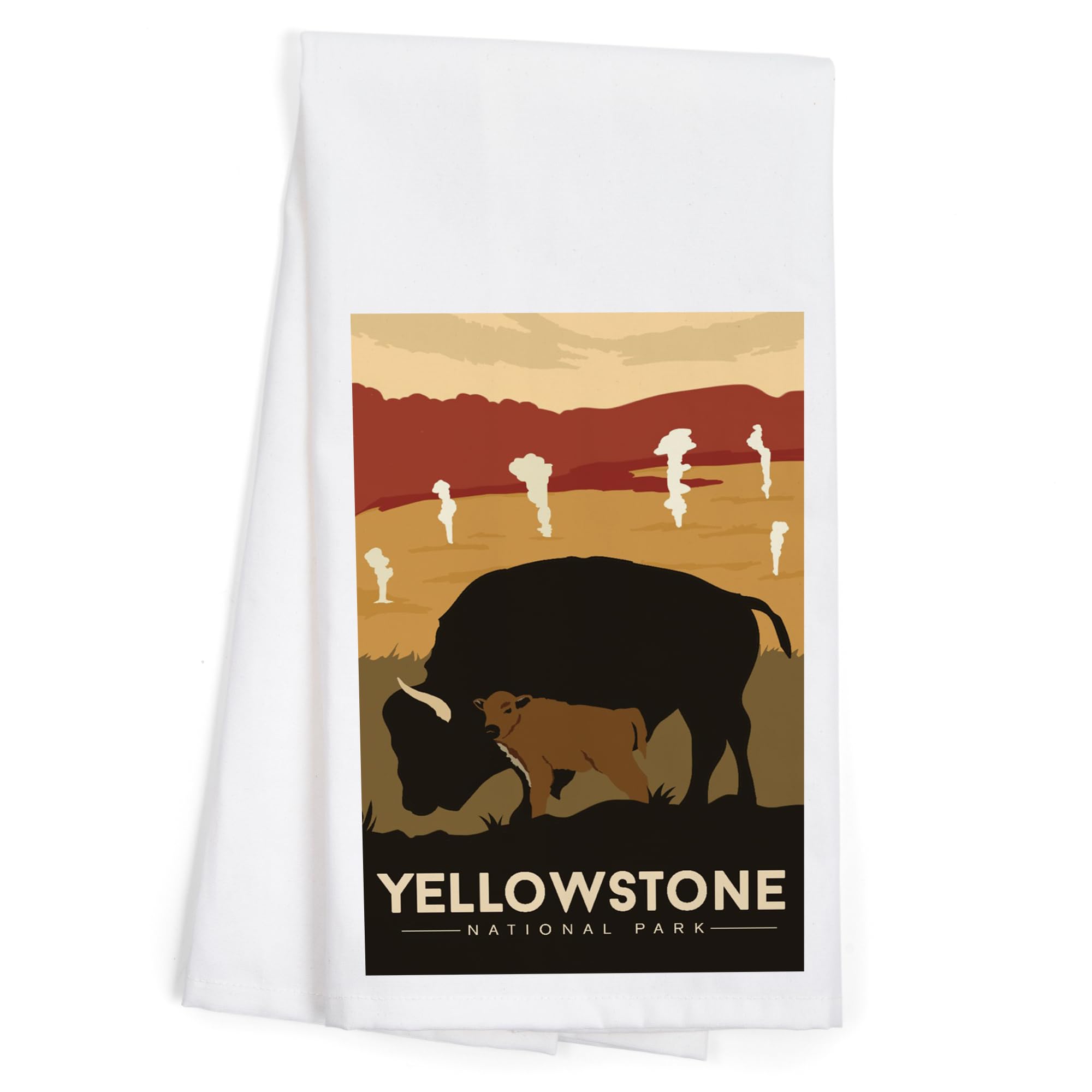 Lantern Press Yellowstone National Park Bison and Calf Tea Towel - 100% Cotton Decorative Hand Towel for Kitchen & Home Decor - Perfect for Dish Drying, Gift Giving, and Cabin Decor