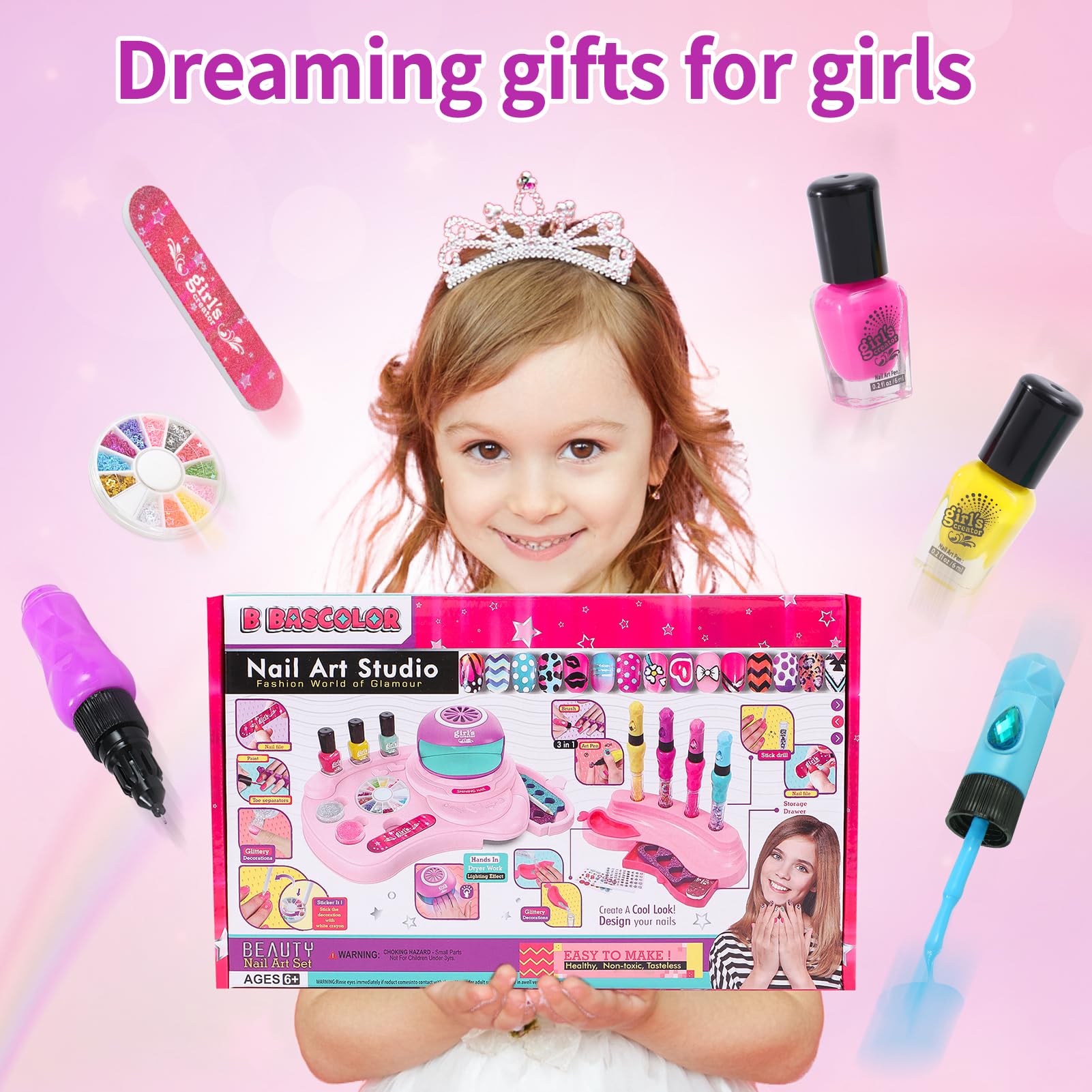 Non-Toxic Kids Nail Polish Set for Girls Ages 4-13 - 4 Nail Art Pens, Mini Nail Dryer, 3 Polish Colors, 2 Storage Bases, Stickers & Glitter Powder - Birthday Gift & Salon Toy Kit for Pretend Play & Creative Nail Art Designs