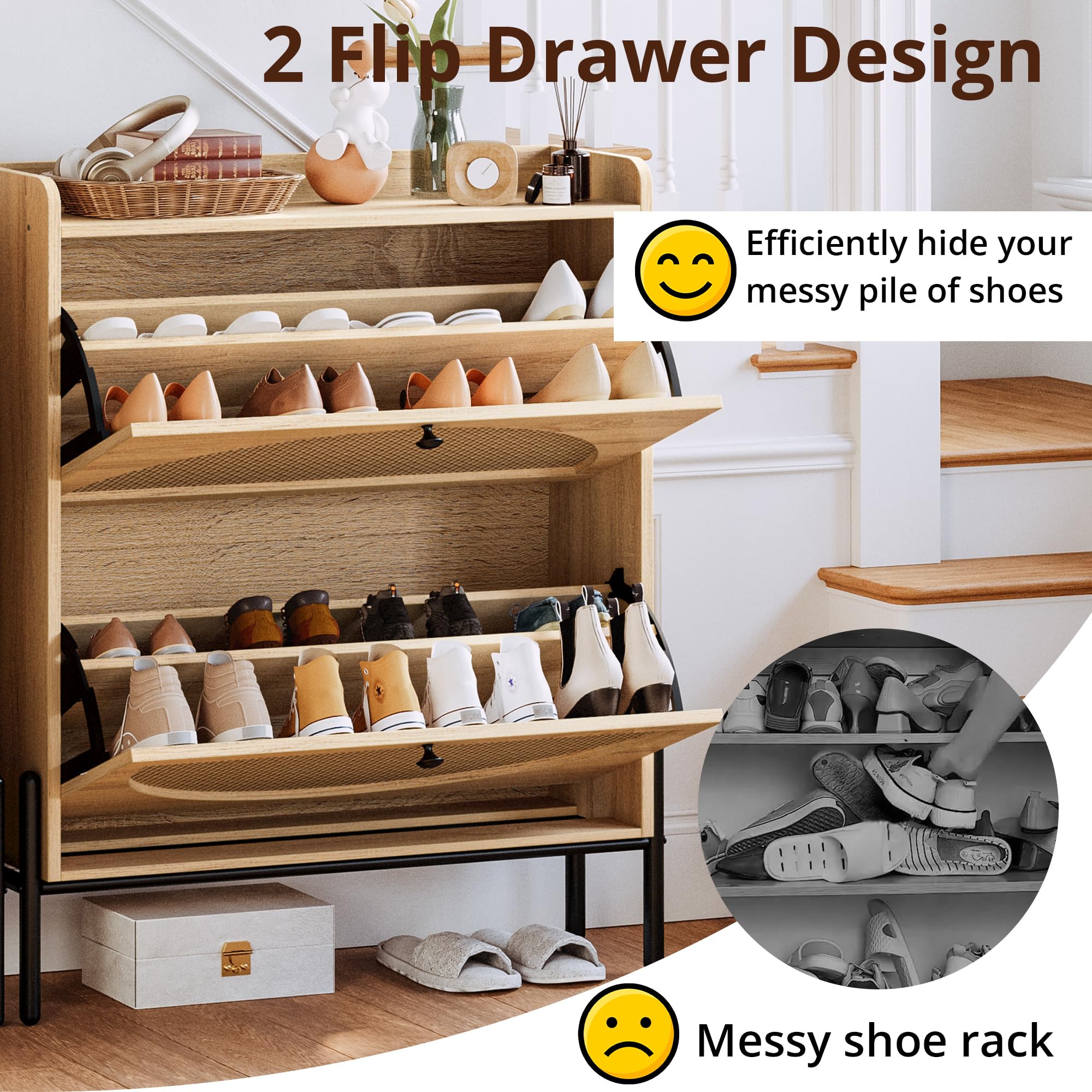 IRONCK 2-Tier Flip Drawer Shoe Cabinet - Free Standing Wooden Shoe Storage Organizer with Rattan Doors - Narrow Entryway Shoe Rack for Hallway, Bedroom, or Closet - Oak Finish (Space Saving Shoe Organizer)