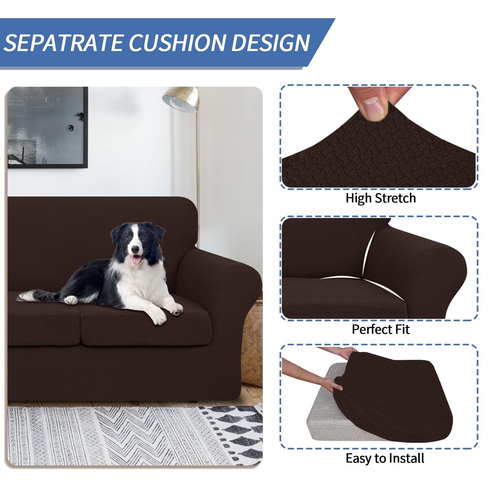 JIVINER 3-Piece Stretch Sofa Slipcover Set for 2-Cushion Loveseat - Includes 2 Extra Large Seat Covers (Dark Coffee) - Thick Fitted Couch Protector for Living Room, Home Decor & Pet-Friendly Furniture Protection