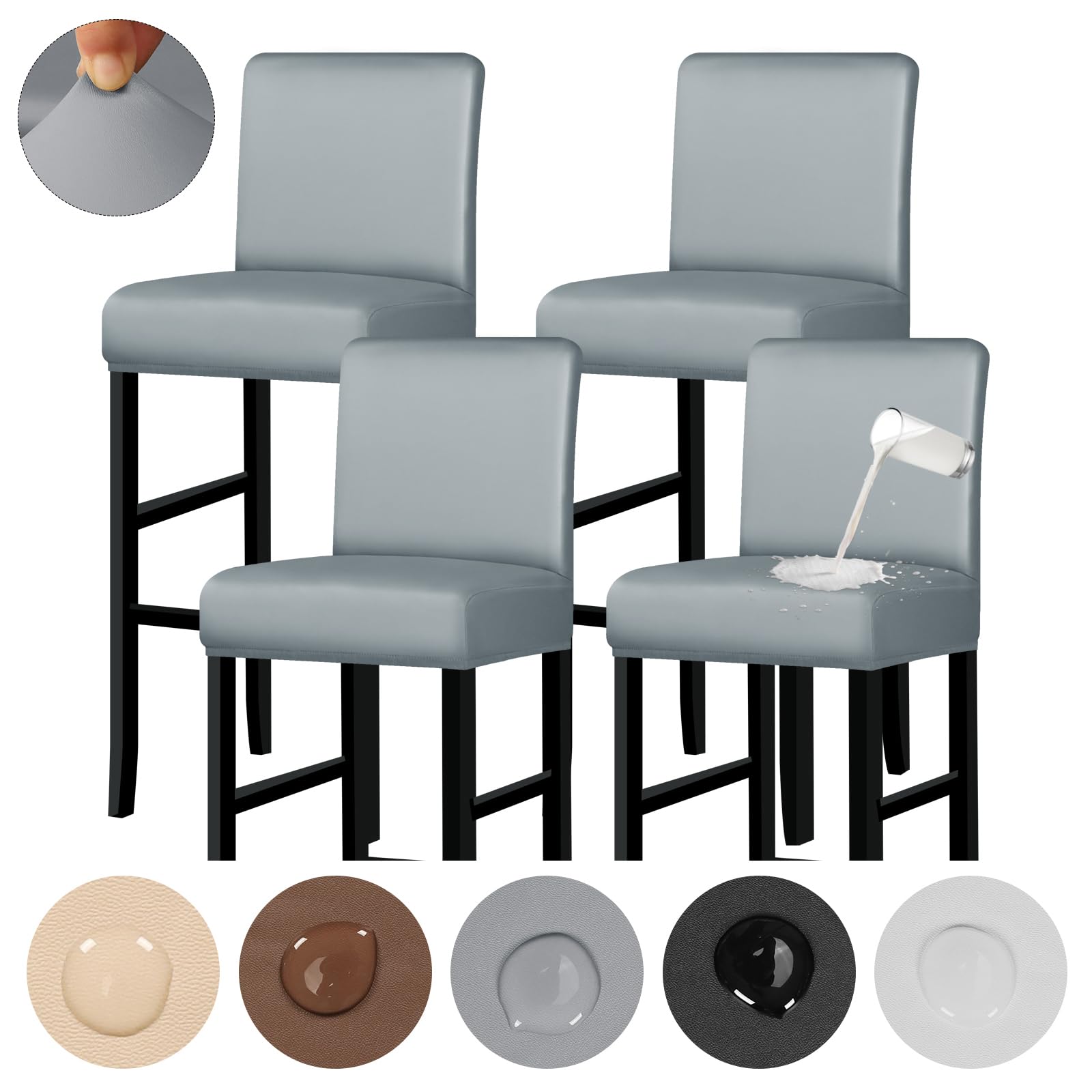 **4-Pack Waterproof Bar Stool Covers - PU Leather Seat Slipcovers for Dining Chairs, Washable & Removable Chair Protectors (Grey) - Perfect for Kitchen, Bar, Restaurant & Home Decor**