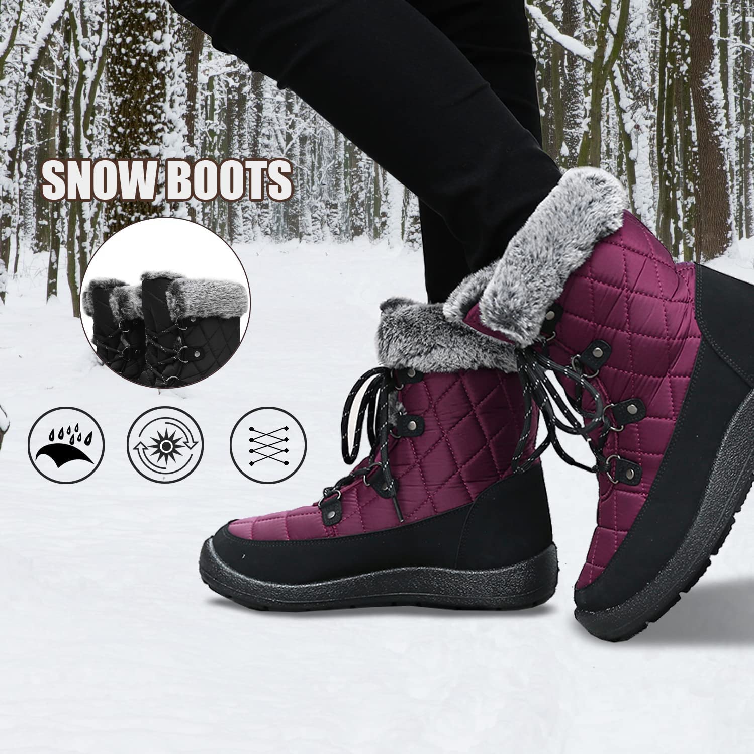 Women's Winter Boots - Soft Comfortable Faux Fur Mid Calf Snow Boots with Insulation | Waterproof Outdoor Boots for Hiking, Snowy Weather & Casual Wear