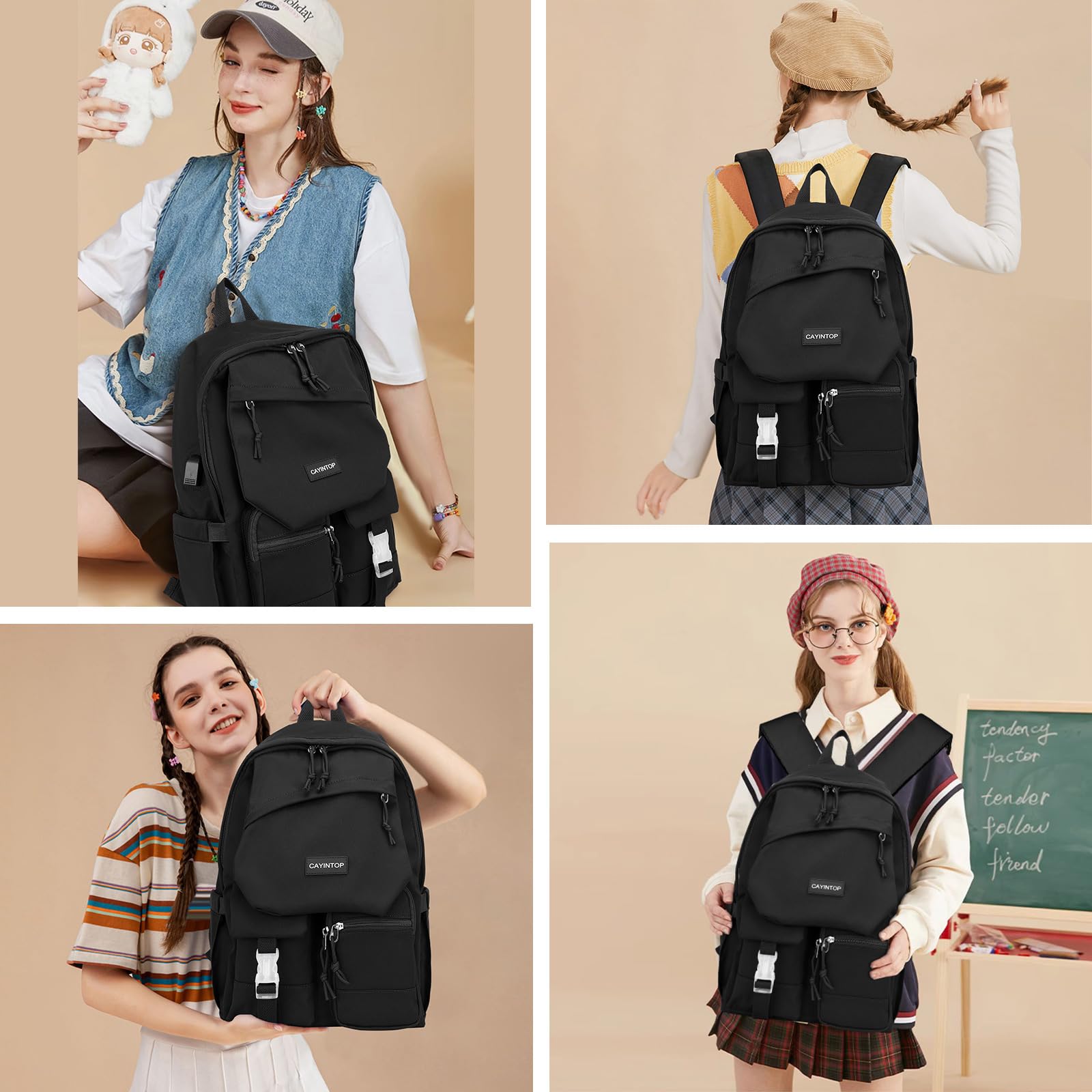 Stylish Black School Backpack for Students - 15.6 Inch Laptop Backpack with USB Charging Port for Women, Girls, Teens & Boys | Perfect for College, Work & Travel