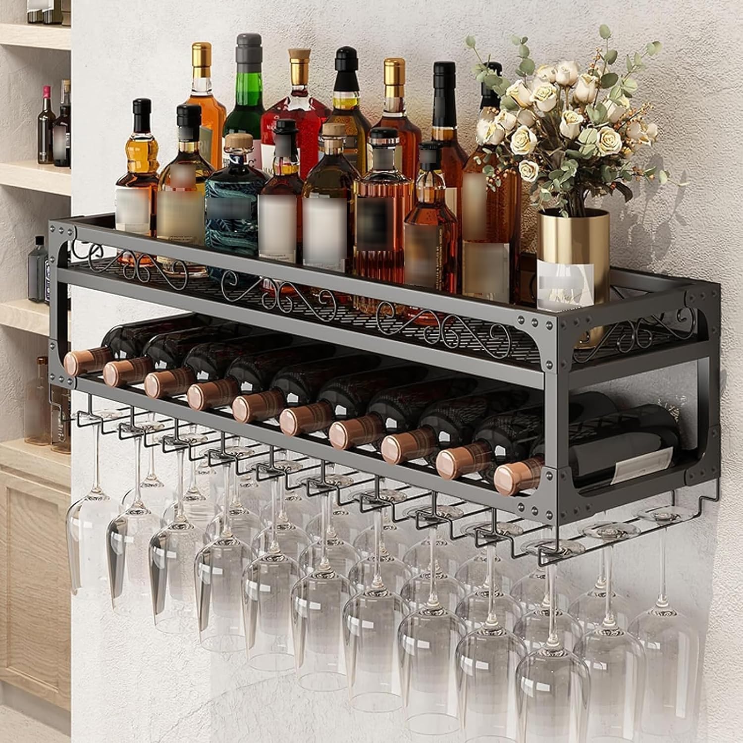 Wall Mounted Wine Rack with Glass Holder - Sturdy Metal Wine Bottle Shelf & Storage Display for Home Bar, Dining Room, Kitchen (Black, 150cm/59in) - Perfect for Entertaining Guests & Organizing Wine Collections