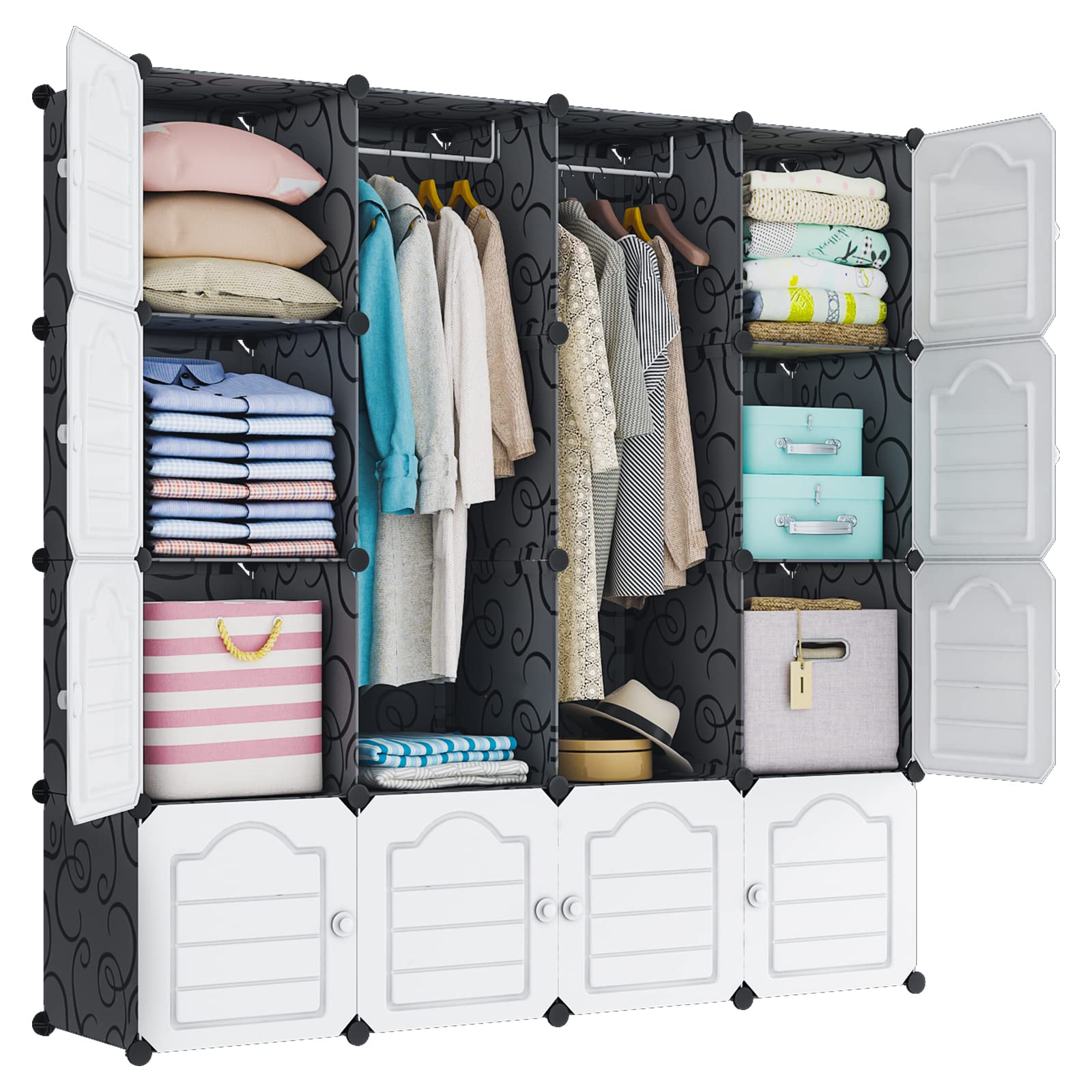MAGINELS 16-Cube Portable Wardrobe Closet with Solid Doors - Foldable Clothes Storage Organizer for Bedroom, Closet, Dorm & Small Spaces - Black Armoire Dresser for Clothes, Shoes & Accessories