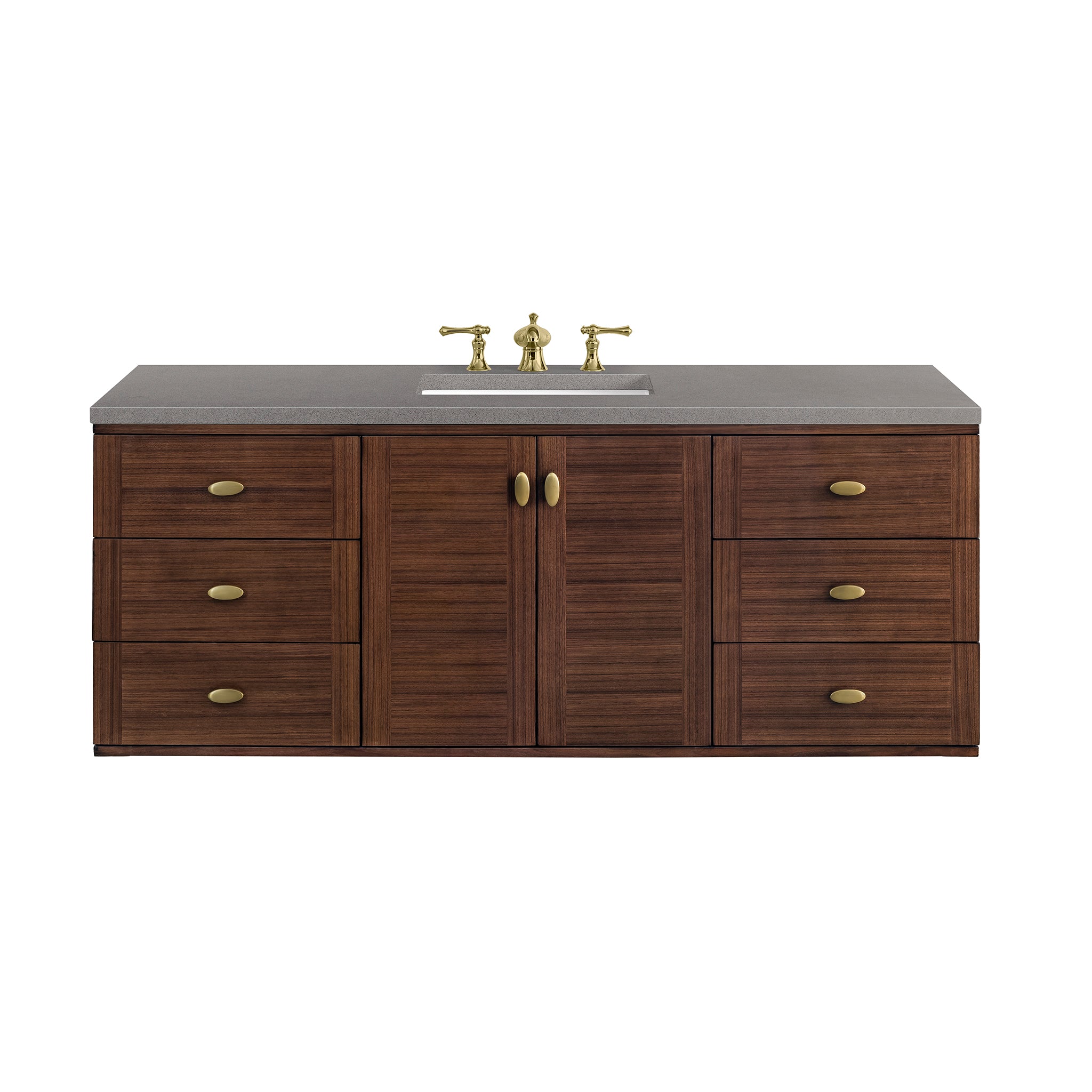 Amberly 60 Inch Single Bathroom Vanity - Mid Century Modern Walnut Finish with 3CM Grey Expo Top - Perfect for Small Bathrooms & Powder Rooms