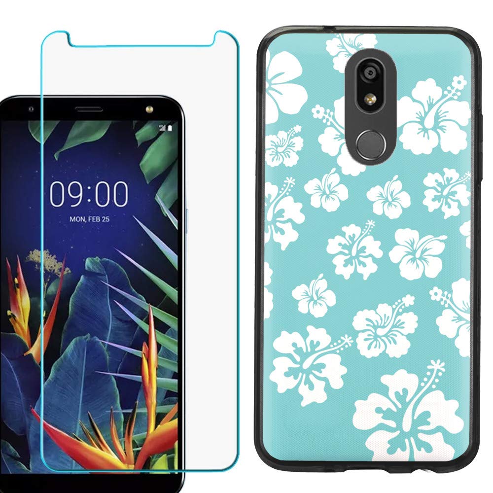 LG Solo LTE / Harmony 3 / LG K40 Phone Case - Slim Fit TPU Protective Cover with Tempered Glass Screen Protector (Black Bezel, Hibiscus Teal) | Shockproof & Scratch Resistant | Perfect for Daily Use, Work & Outdoor Activities