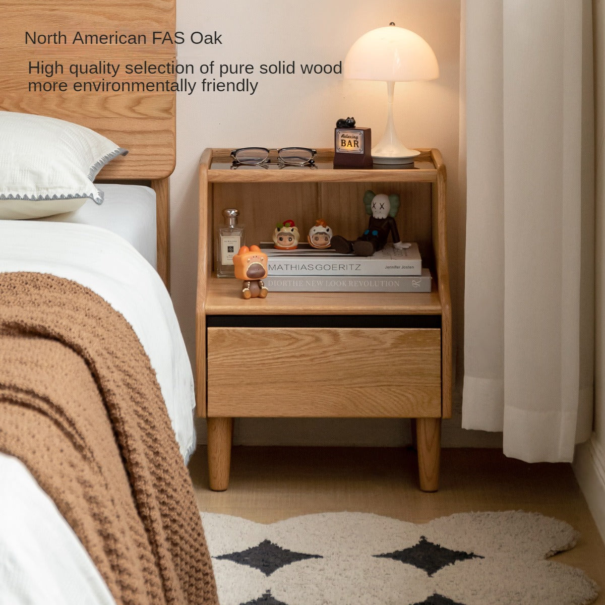 Solid Oak Wood Nightstand with Glass Top - Modern Bedside Table for Bedroom, Living Room, or Office