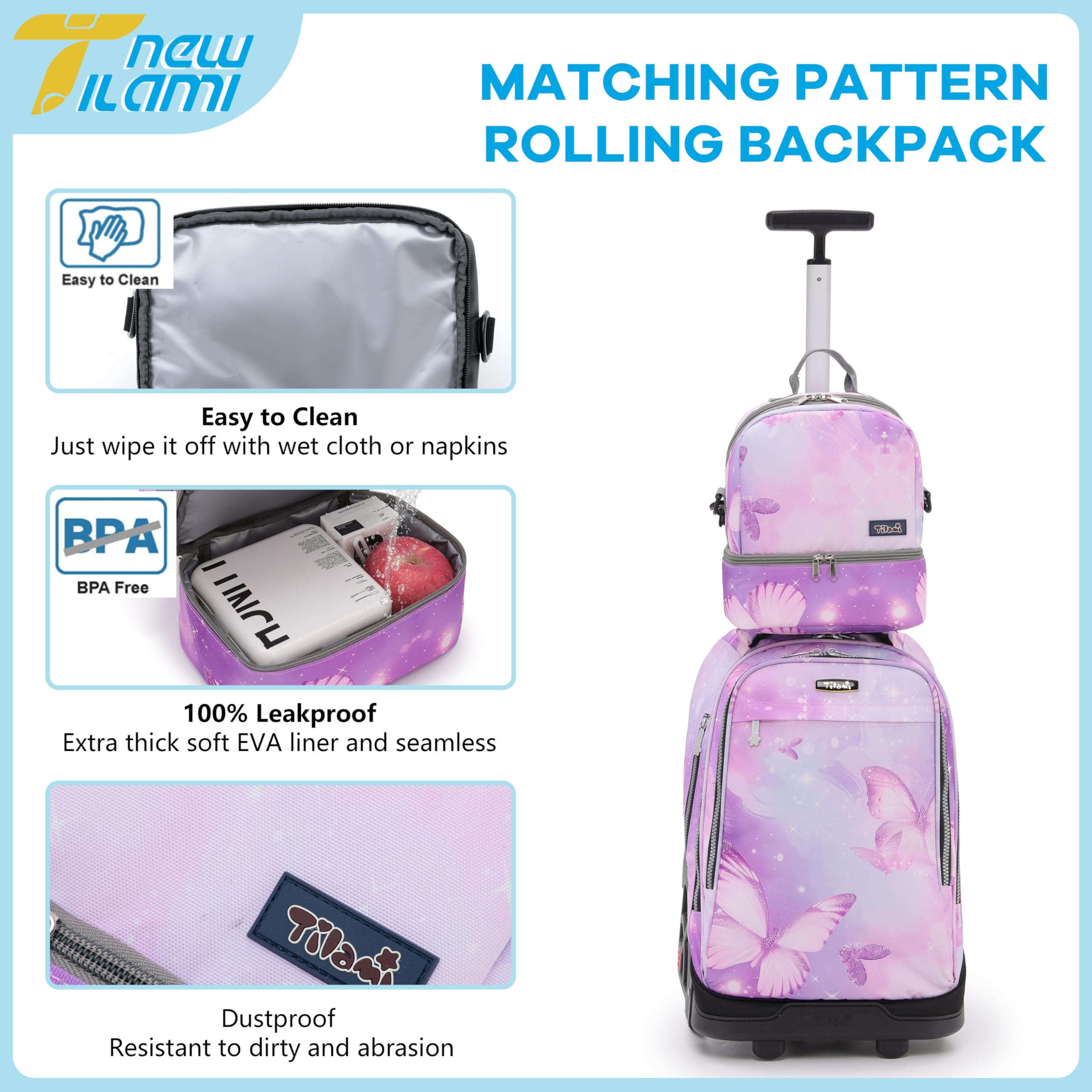 TILAMI 19 Inch Rolling Backpack with Lunch Bag - Wheeled Laptop Backpack for School & Travel, Kids & Teens (Evening Butterfly Pattern, No USB Port) - Perfect for Commuting, Air Travel, and Daily School Use