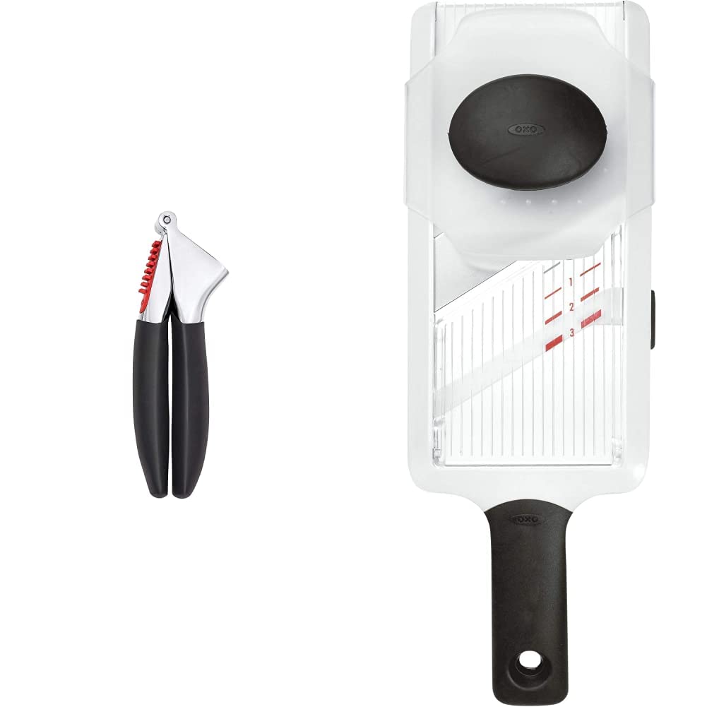 OXO Good Grips Hand-Held Mandoline Slicer & Soft-Handled Garlic Press Set - Black | Kitchen Gadgets for Slicing Vegetables & Mincing Garlic | Perfect for Meal Prep, Cooking & Salad Making