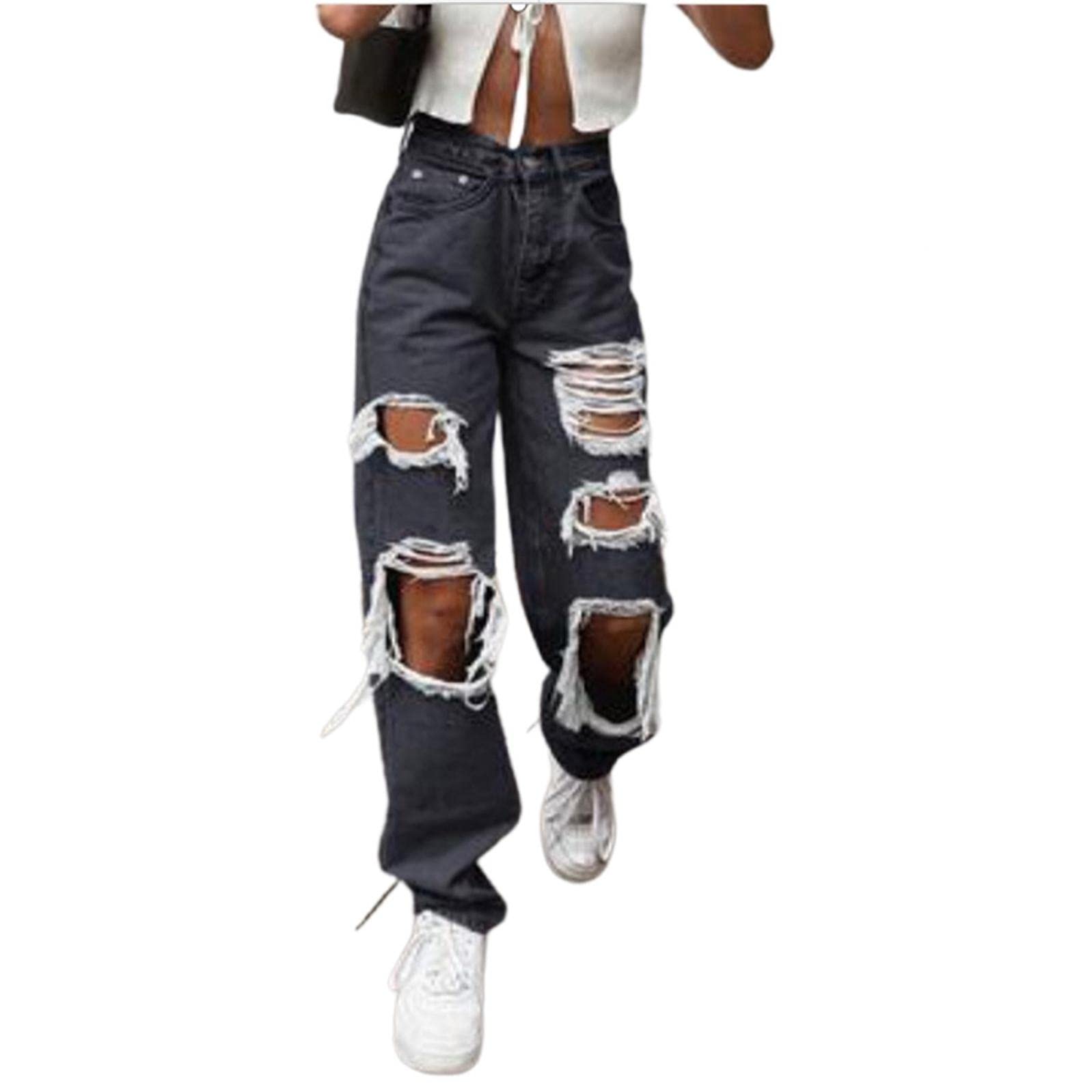 Stylish Women's Stretch Ripped Boyfriend Jeans - High Waist Baggy Pants with Wide Leg & Vintage Wash | Perfect for Casual Outfits, Streetwear Fashion and Everyday Comfort