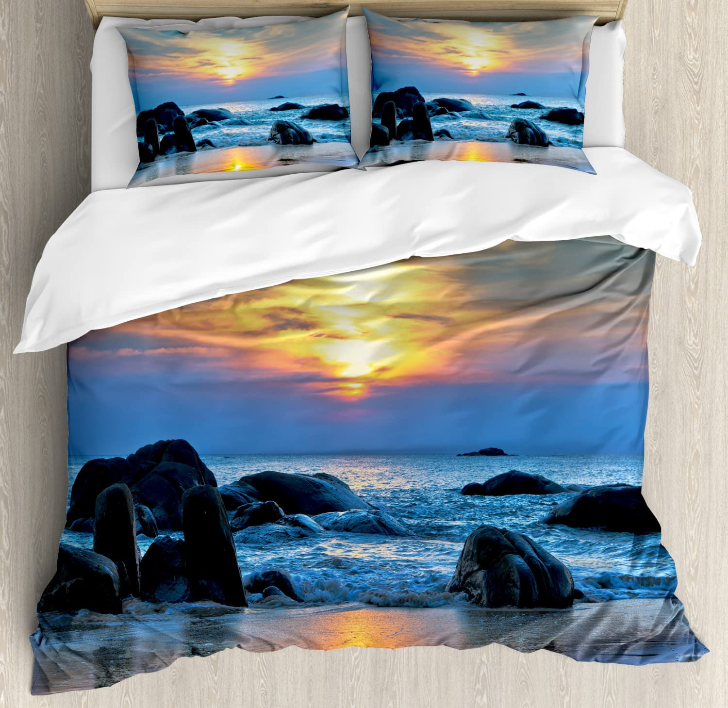 Ambesonne Beach Duvet Cover Set Queen Size 2-Pack - Sunset Ocean Waves Sandy Shore Design with 2 Duvet Covers & 4 Pillowcases - Blue & Yellow Coastal Bedding for Beach House, Guest Room or Vacation Home Decor