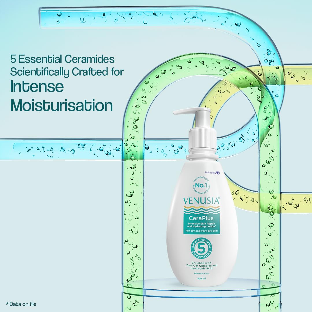 Venusia Ceraplus Moisturizing Lotion for Dry Skin - 5 Essential Ceramides & Hyaluronic Acid for Deep Hydration & Skin Barrier Repair | Fragrance-Free Body Lotion with Oat Oil & Extract | 100ml | Perfect for Daily Use, Eczema & Sensitive Skin Care