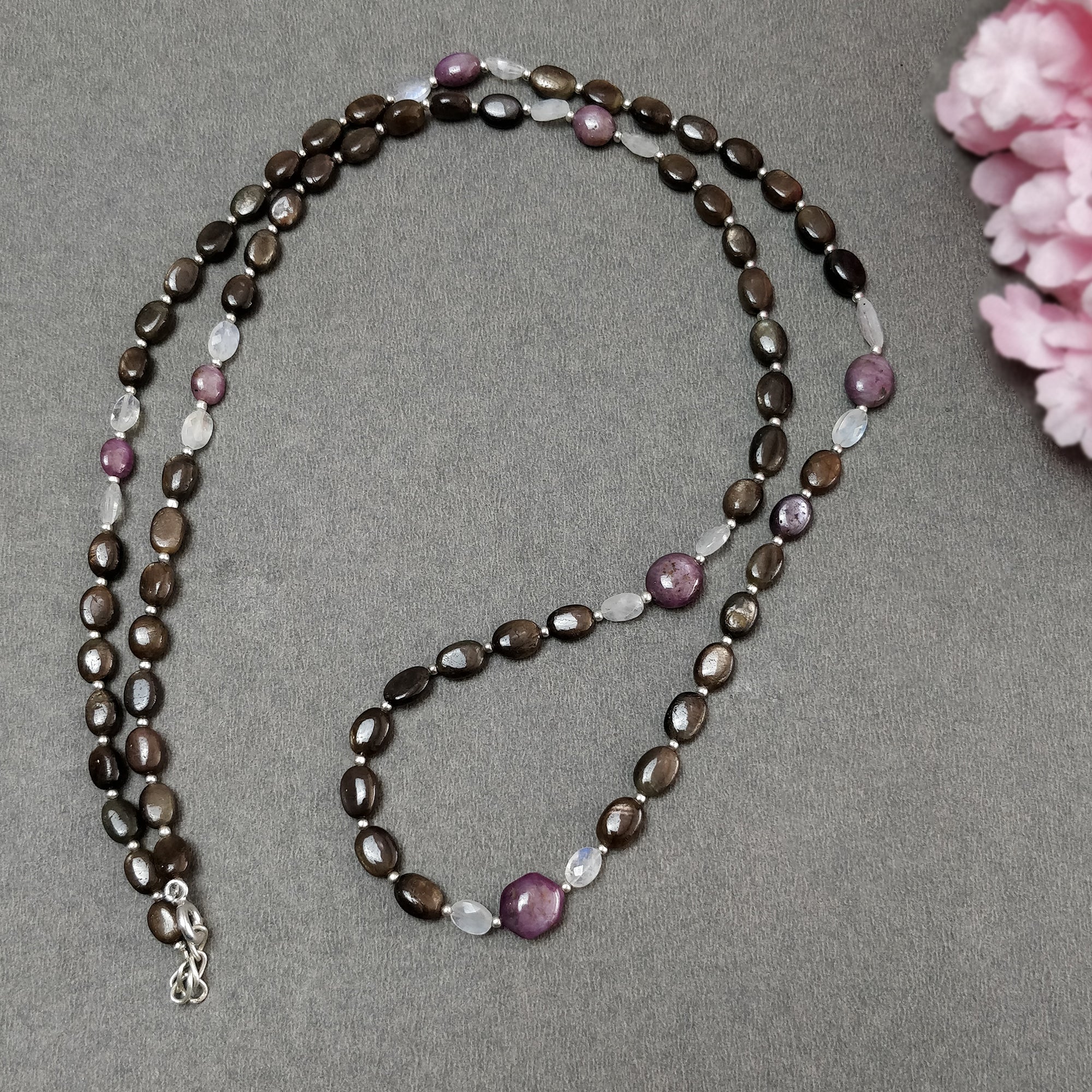 Natural Chocolate Sapphire Moonstone & Star Ruby Gemstone Necklace - 122.00cts Untreated Oval Stones with 925 Sterling Silver (6*4mm & 9*8mm) | Elegant Jewelry for Women, Perfect for Weddings, Parties & Special Occasions