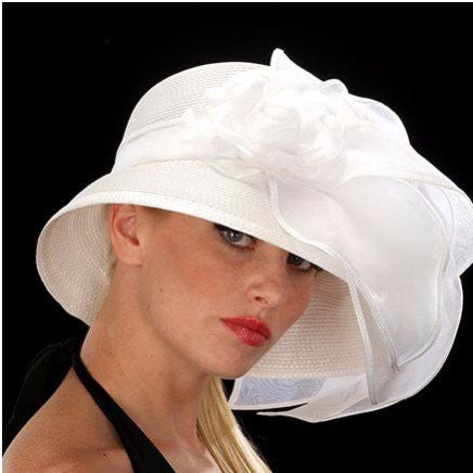 BW66550 Elegant White Designer Women's Church Hat with Organza Leaves – Perfect for Weddings, Sunday Services & Special Occasions